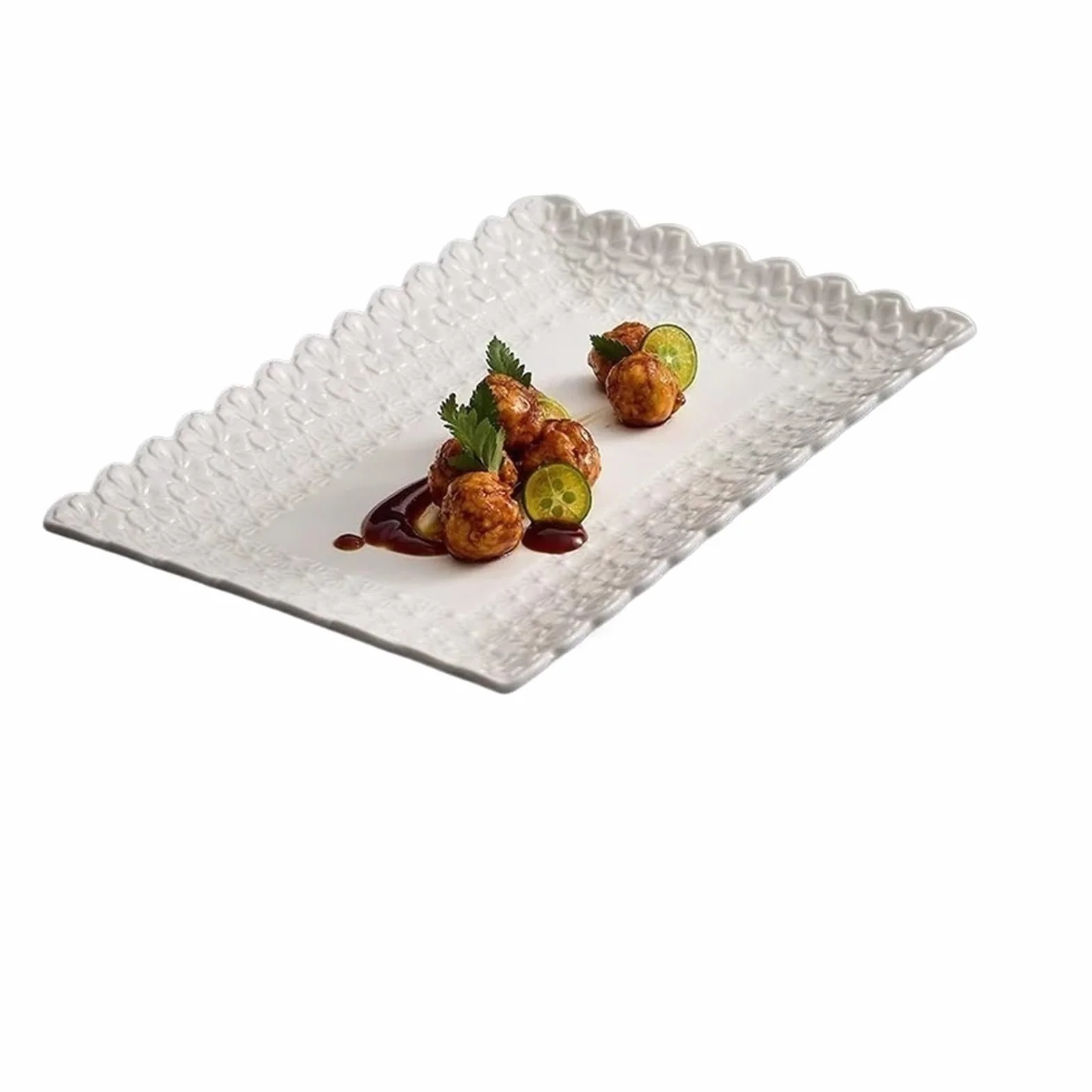 Plato rectangular for servir con flores en relieve, plato for aperitivos y postres de sushi y pescado for restaurante y vajilla especial(A 11.7inch)