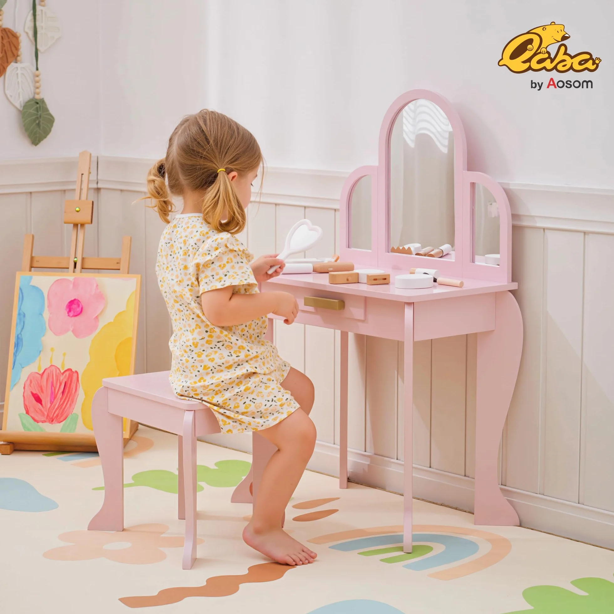 HOMCOM Tocador Infantil con Espejo y Taburete de Maquillaje Madera Rosa para Niñas 3-6 Años