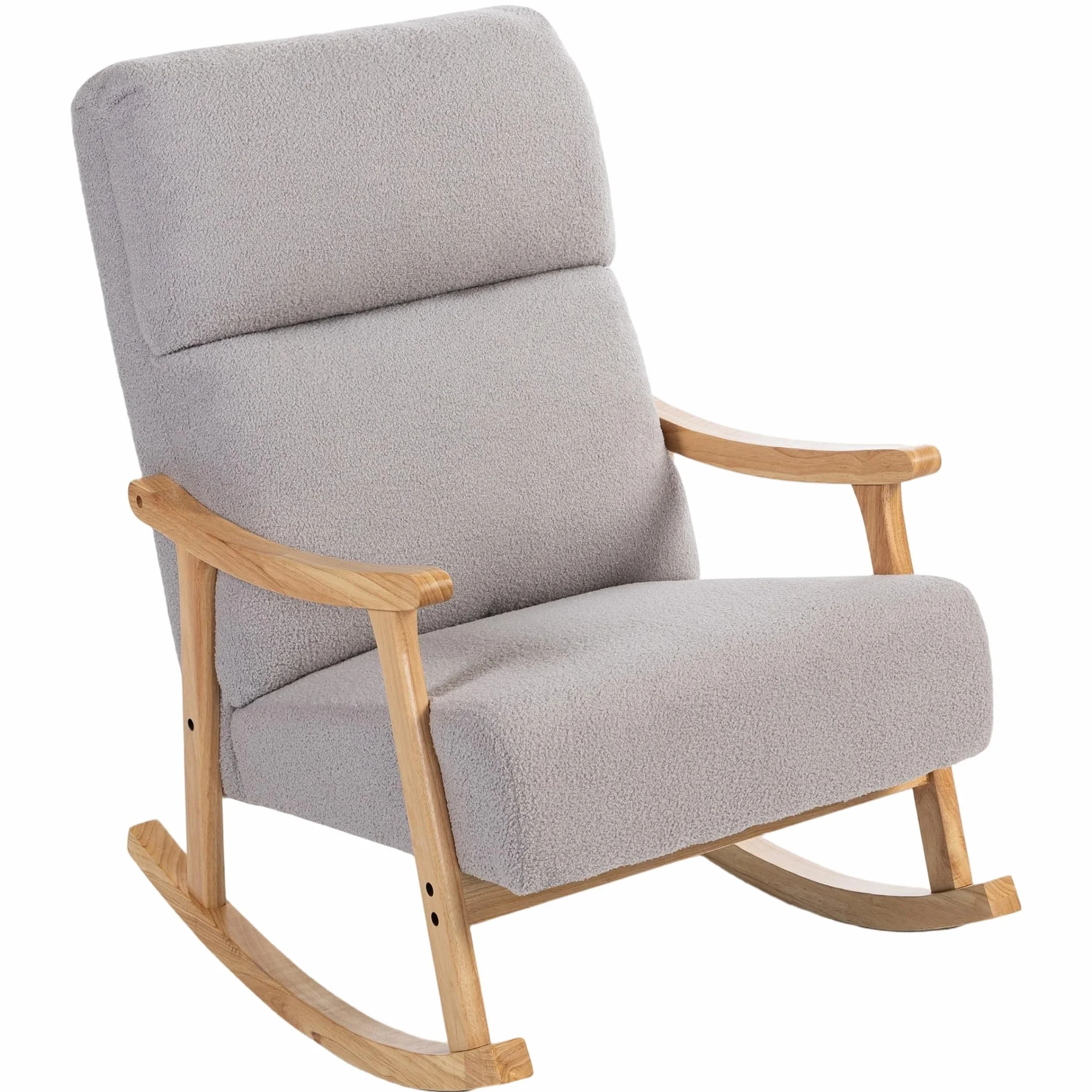 HOMCOM Silla Mecedora de Borreguito Moderna, Mecedora con Patas y Reposabrazos de Madera de Caucho, Respaldo Alto, Carga 120 kg, para Dormitorio, Salón, Gris Claro