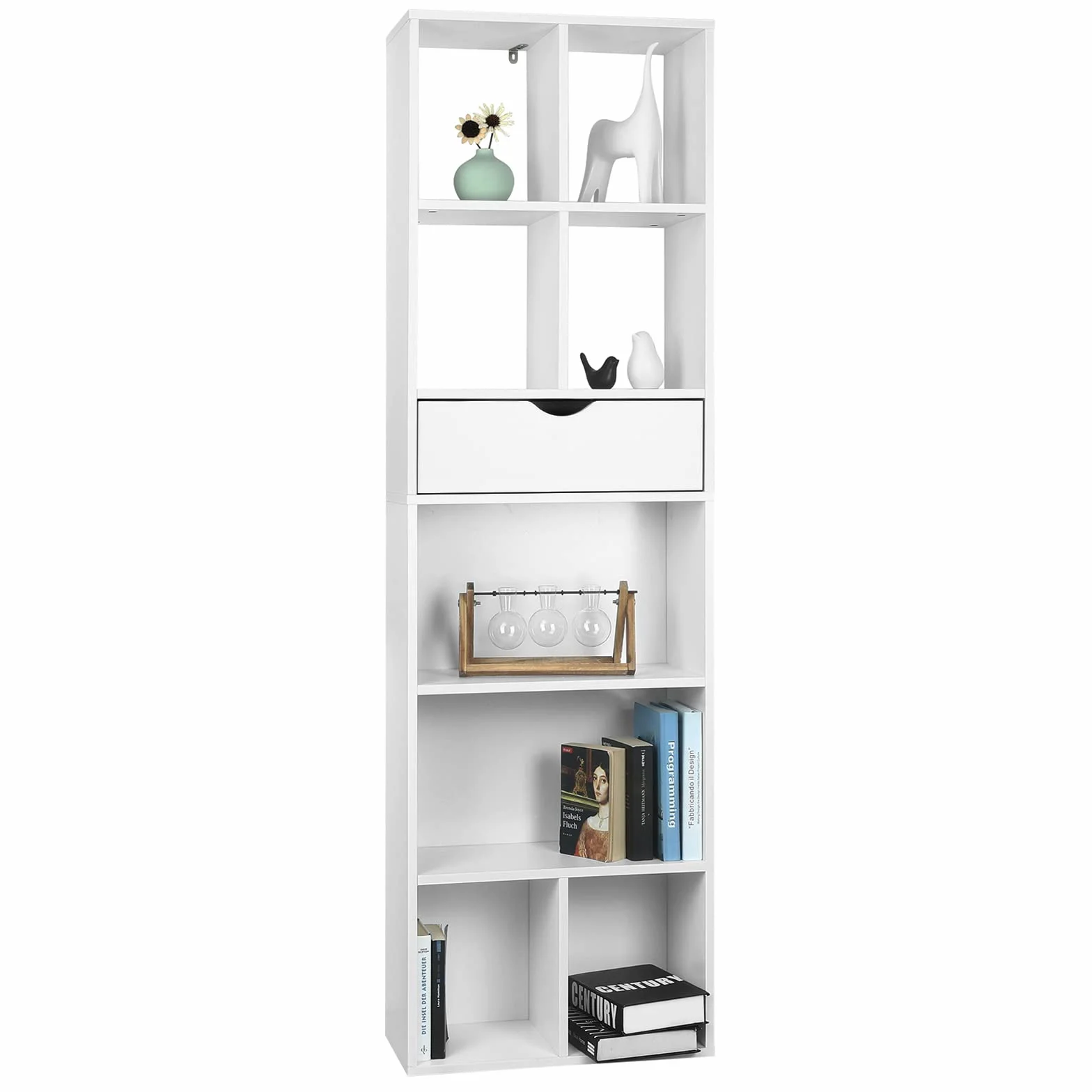 EUGAD Libreria Blanca con Cajón y Cubos Abiertos, Estanteria de Almacenamiento para Libros, Marcos de Fotos y Colecciones, de 6 Niveles para Salón, Dormitorio y Oficina, 50x24x168 cm
