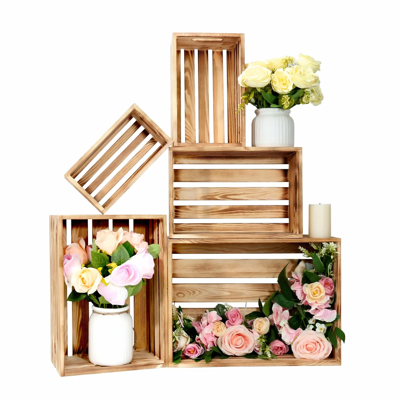 5 cajas decorativas de madera para exhibición, cesta grande de madera de granja de 5 tamaños para contenedores de almacenamiento y decoraciones, cajas de anidación rústicas con asa