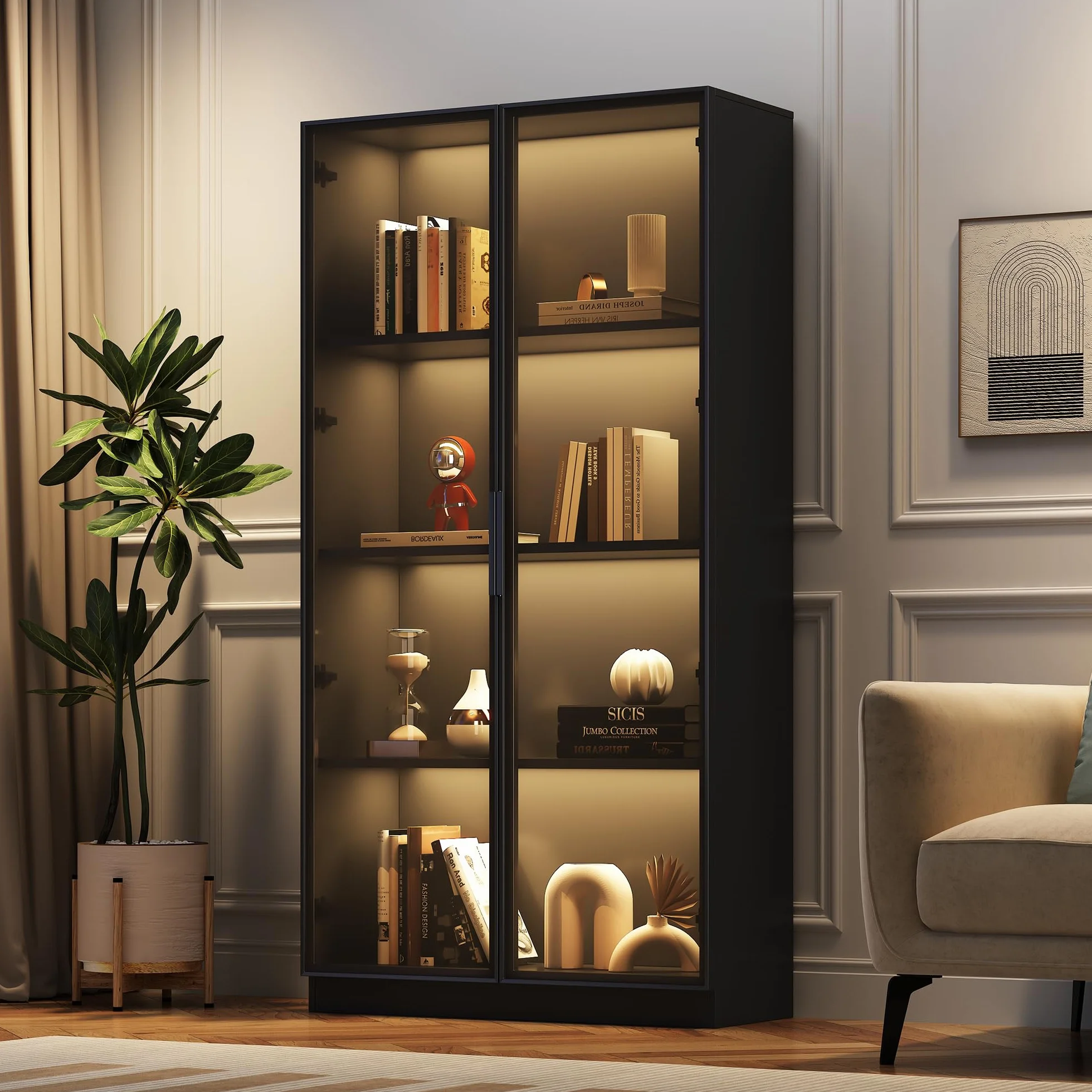 Kebnor Vitrina de cristal con aplicación de iluminación LED, vitrina de doble puerta con estantes móviles, 80 x 40 x 160 cm, armario alto para salón, vitrina de pie, armario de baño