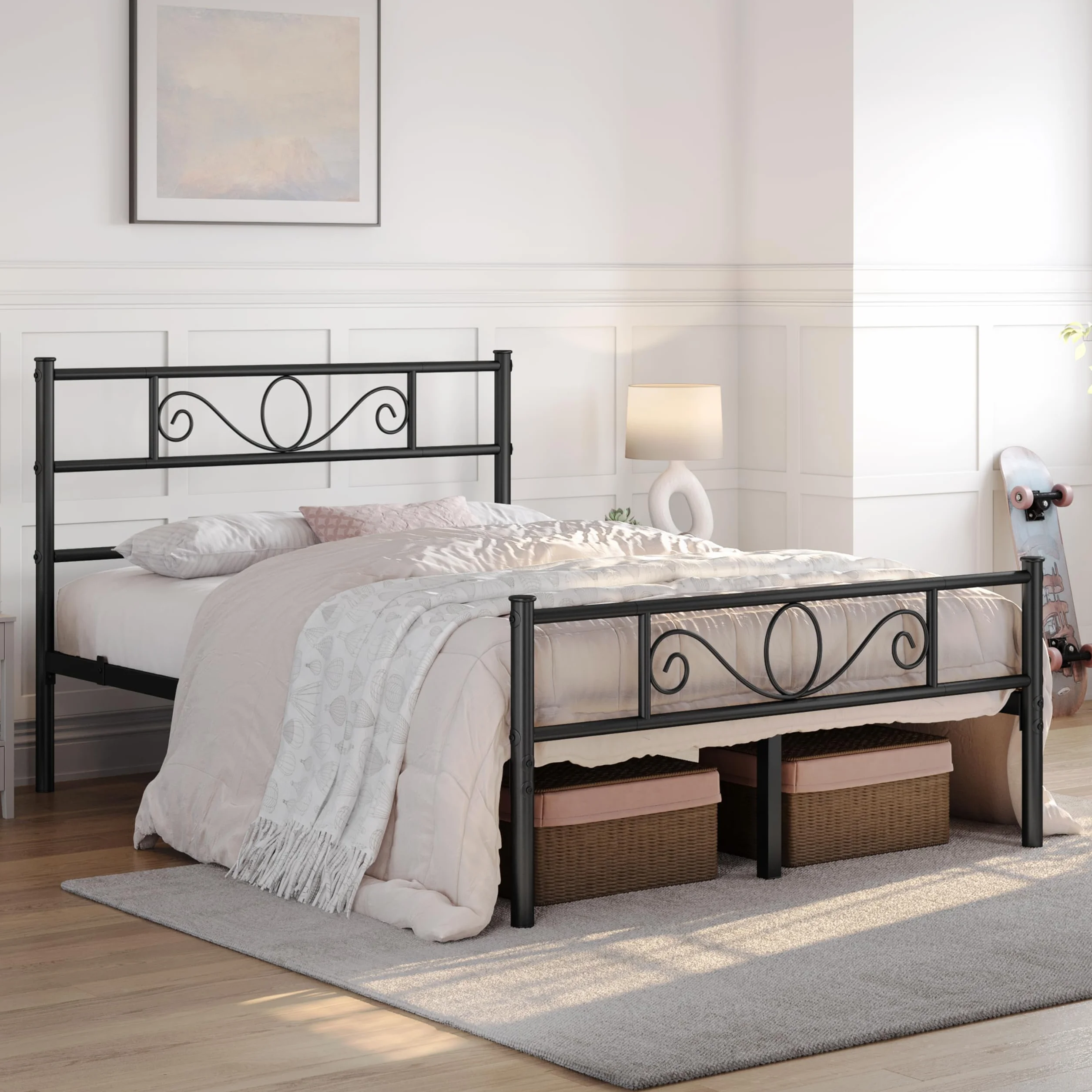 Yaheetech Cama Doble Hierro para Colchón de 135 x 190 cm Estructura Industrial de Metal Negro, Marco Base