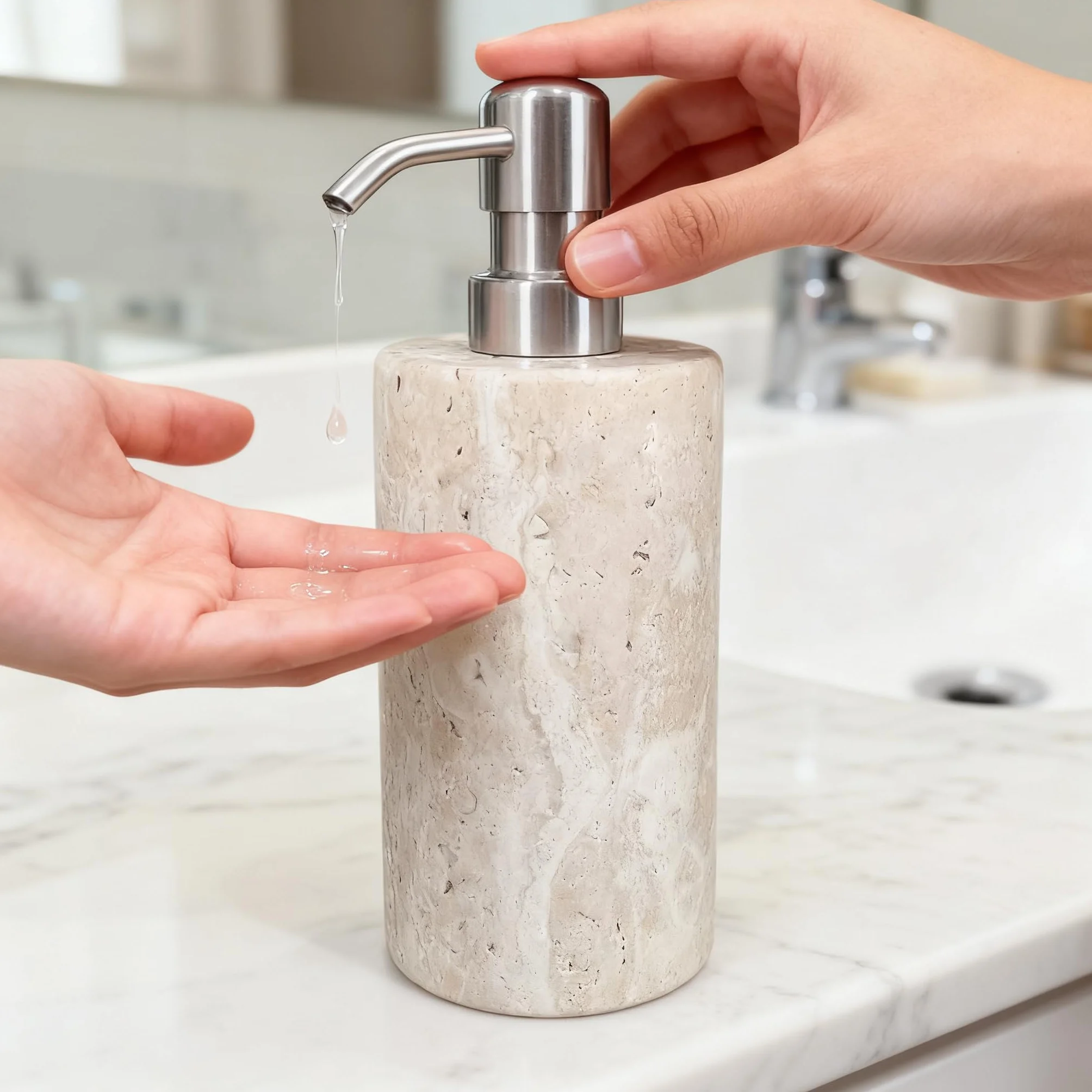 Dispensador de jabón de mármol travertino natural con bomba de acero inoxidable, botellas de jabón líquido de loción de mármol para cocina y baño