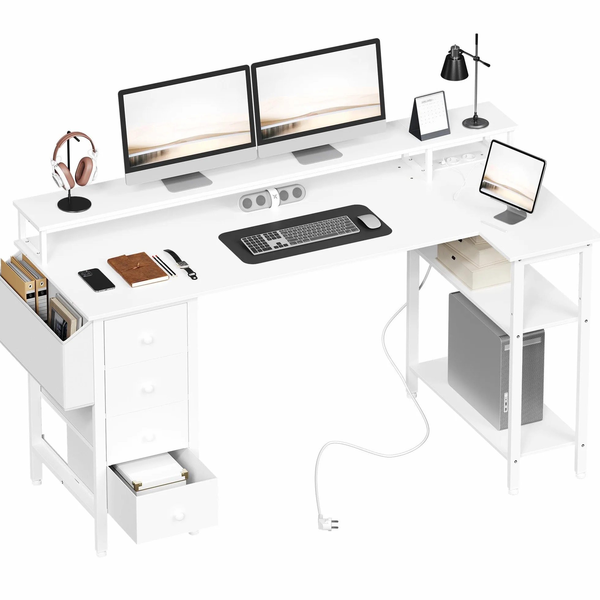 Yaheetech Escritorio L con 4 Cajones, 140x68cm Mesa Escritorio Gaming en L con Soporte para Monitor, 2 Enchufes y 2 Puertos USB, Escritorio Esquina Reversible Trabajo y Juegos, para Oficina, Blanco