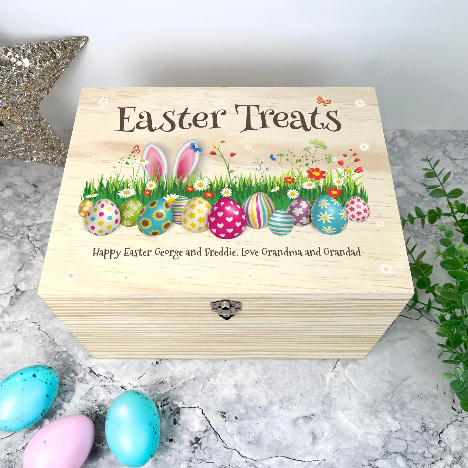 Caja de cesta de madera de Pascua colorida personalizable, nombre personalizado, regalo de Pascua, cesta de Pascua, golosinas de Pascua, Pascua para niños, Pascua familiar, decoración de Pascua, caza