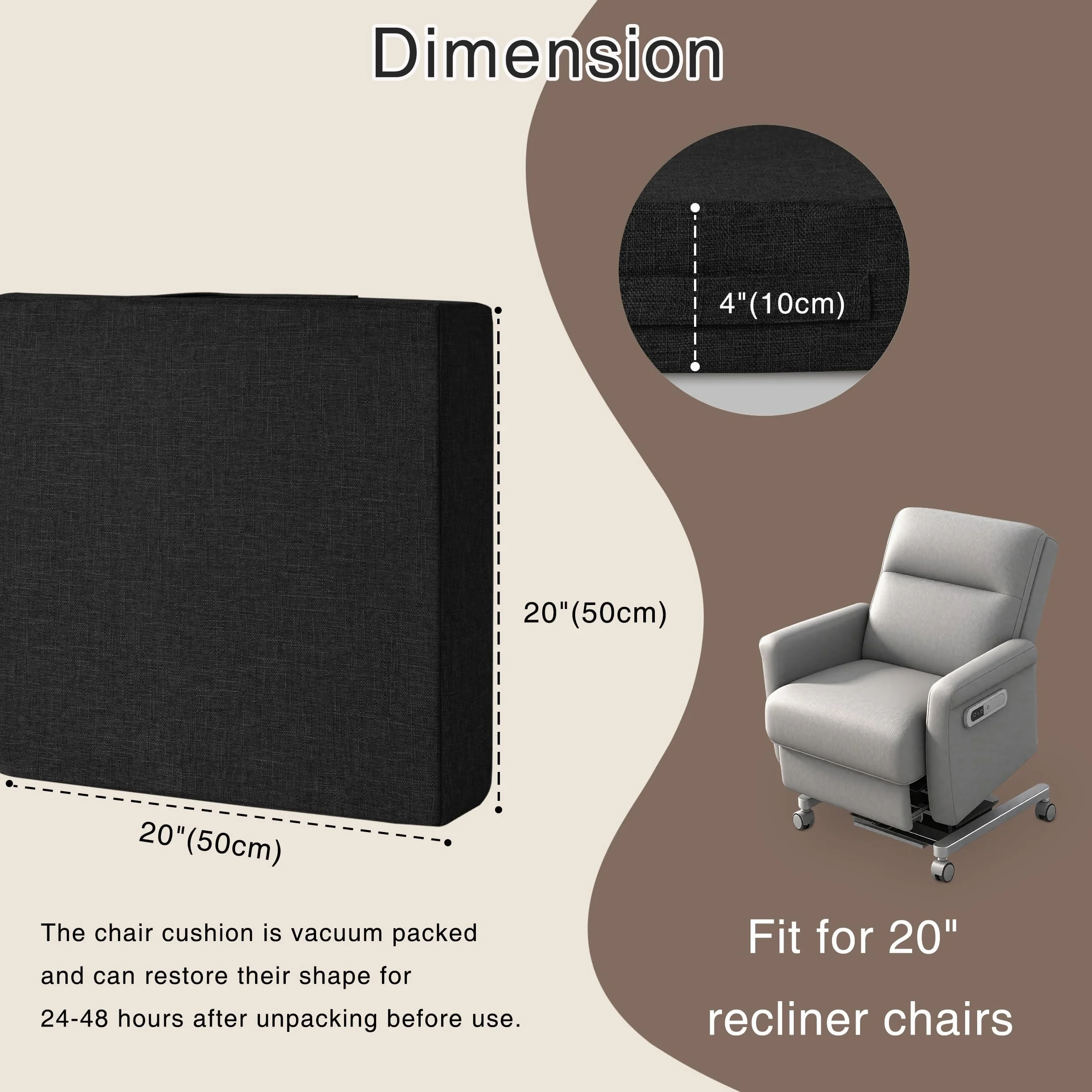 OVOV Cojines reclinables para ancianos, 20 x 20 x 4 pulgadas de grosor, cojín de asiento para silla reclinable, cojines cuadrados grandes antideslizantes con funda lavable para sillón, sofá, color