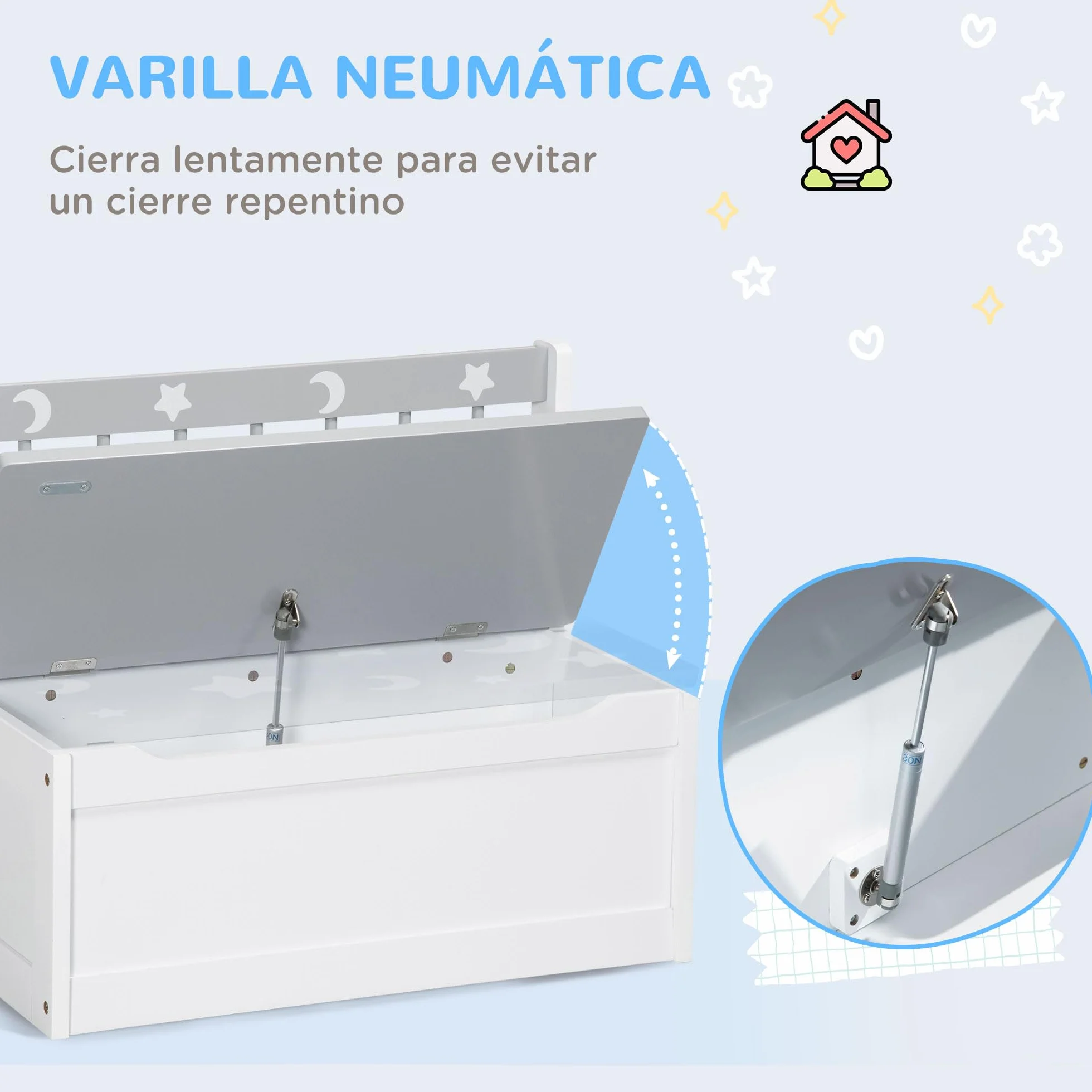 ZONEKIZ 2 en 1 Baúl de Juguetes para Niños de +18 Meses Banco de Almacenaje Infantil con Tapa de Cierre para Dormitorio Sala de Juego Carga 50 kg 60x30x50 cm Gris y Blanco