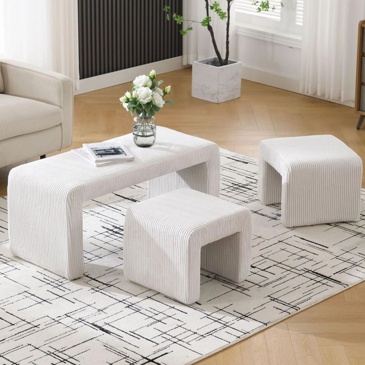Wahson Banco de Entrada Moderno Banco de Recibidor Interior,Banco Otomano de Cama Elegante Banco Corderoy con 2 Reposapies para Salón/Dormitorio,Blanco