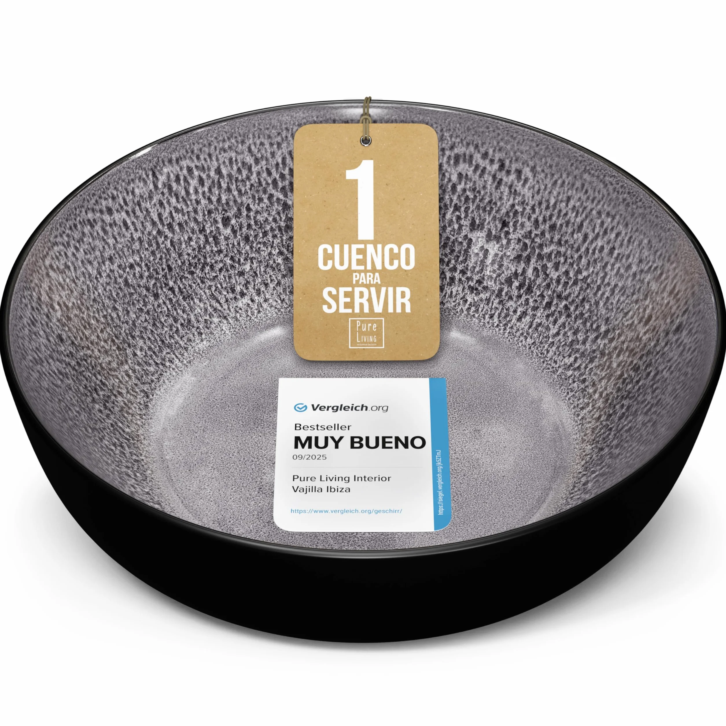 Bol de servicio Ibiza en gres - Ensaladera mediterránea - Apta para lavavajillas y microondas - Bol grande Pure Living en Gris