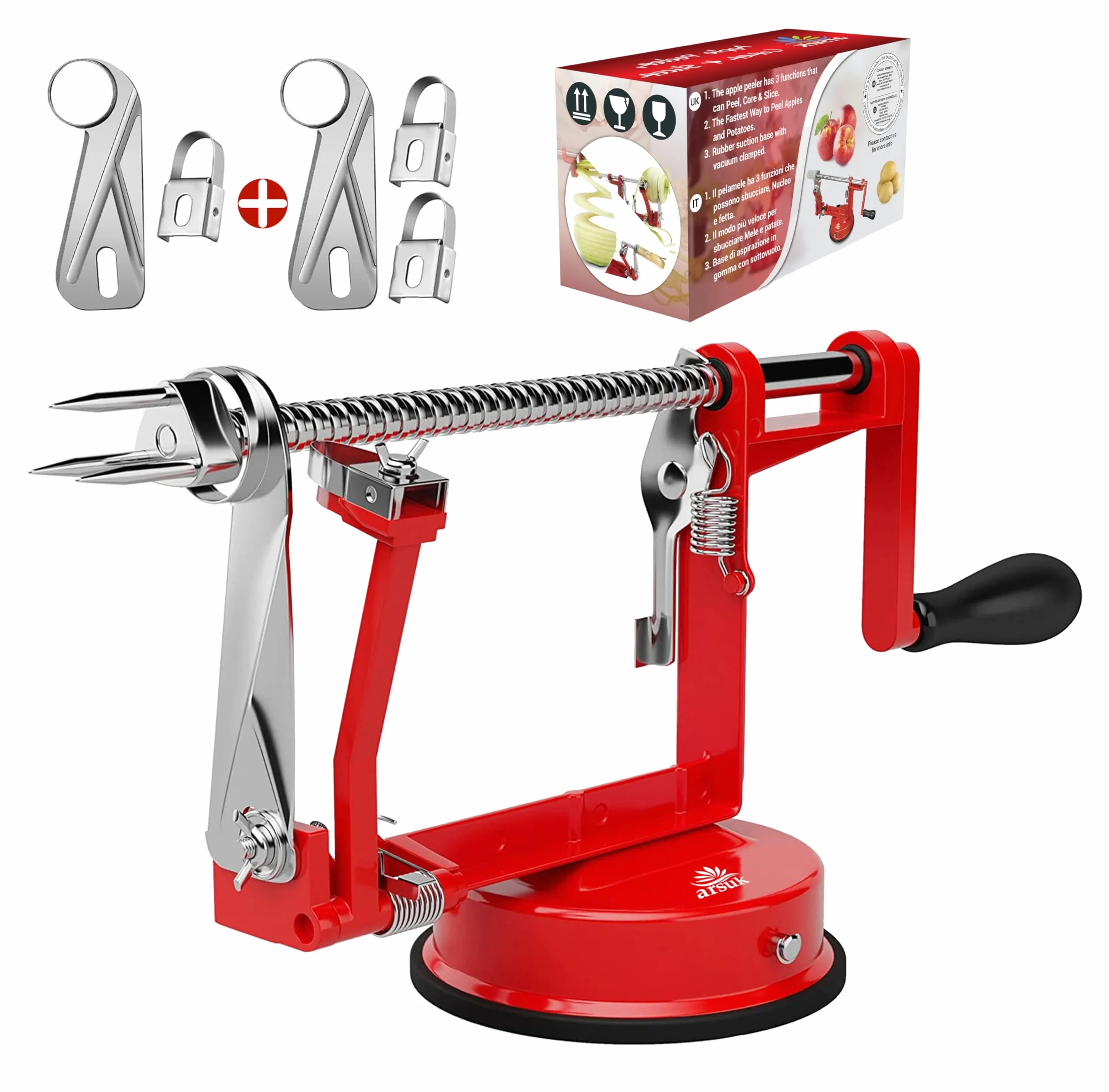 Pelador de Manzanas 3 en 1 Manual - Pelador, Descorazonador y Cortador con Base Antideslizante, Cuchillas Ajustables de Acero Inoxidable