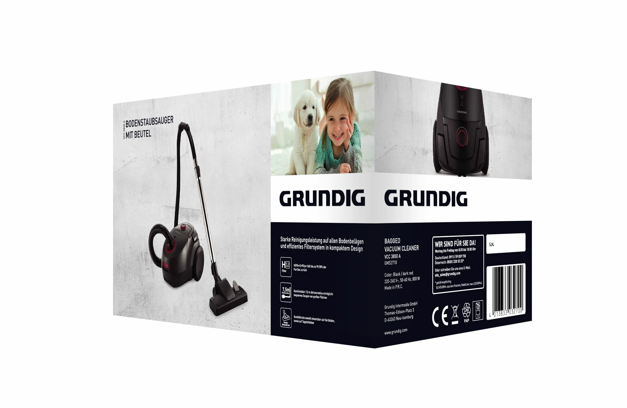 Grundig, VCC 3850 A - Aspiradora con Bolsa, 800 W, 2,1 L, Color Negro y Rojo