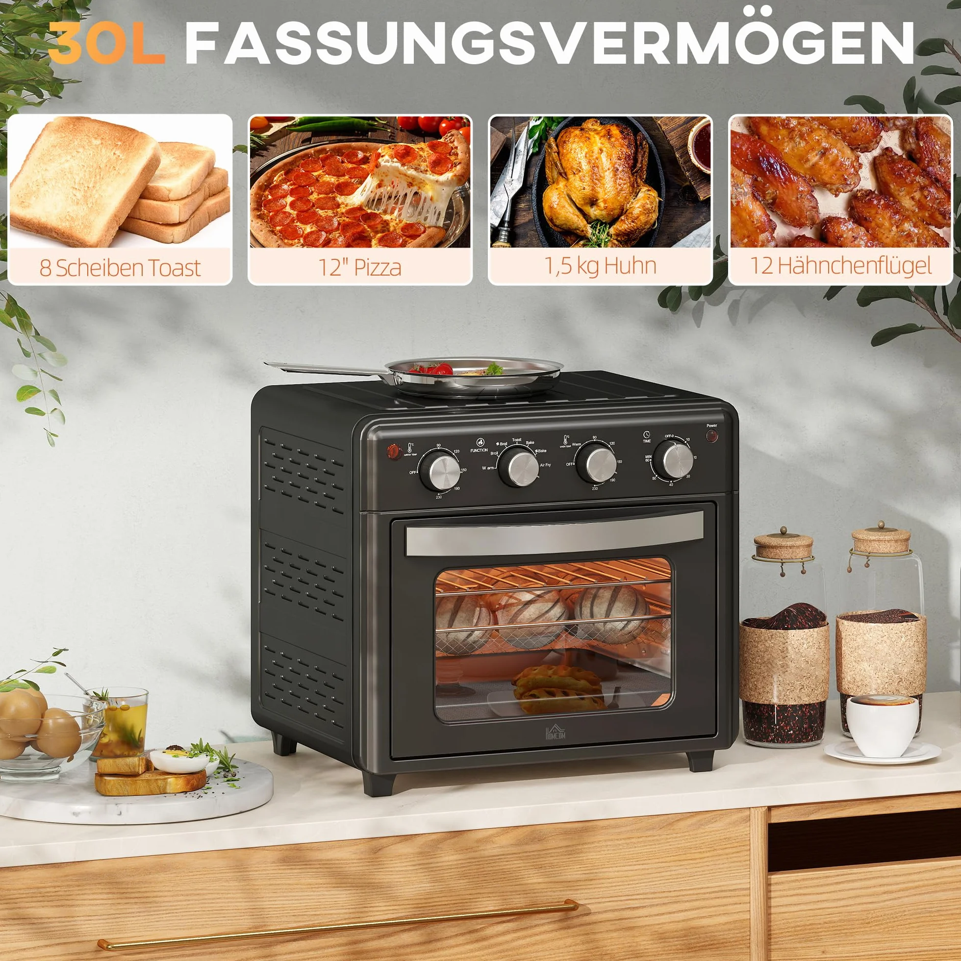 HOMCOM Horno Eléctrico Multifunción de Sobremesa Mini Horno Tostador de 30L 1600W Freidora de Aire con 7 Modos de Calor Temporizador y Temperatura Regulable 43x39x39 cm Negro