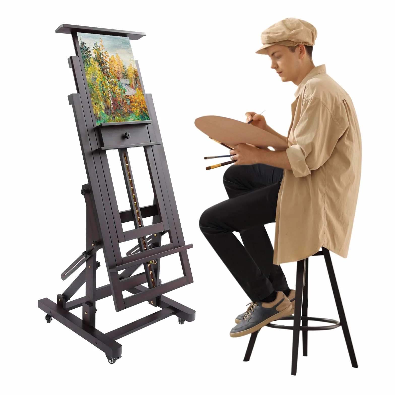 Caballete de estudio de altura ajustable, caballete multifuncional, soporte de lienzo móvil, de madera maciza, capacidad de carga de 10 kg, para estudiantes, entusiastas de la pintura, 65 x 60 cm