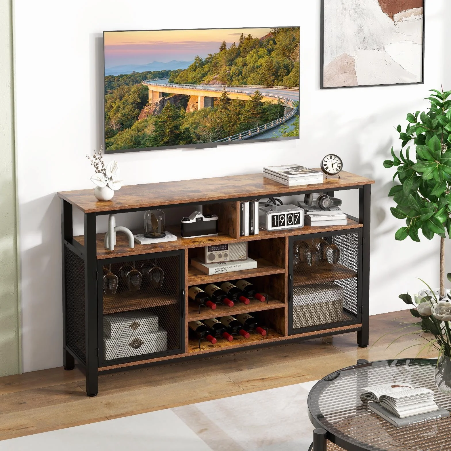 GOPLUS Mueble para Vinos, Estación de Café de 140 Cm con Estantes para 8 Botellas de Vino y Soportes para Copas, Aparador de Cocina con Almacenamiento para Comedor, Sala de Estar (Marrón)