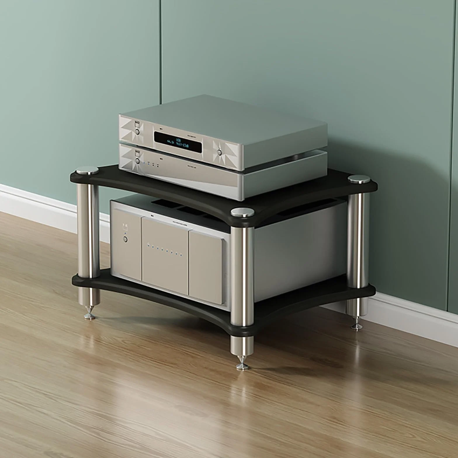 Soporte de audio estéreo de 4 niveles, gabinete multimedia abierto para reproductores de DVD, TV Box y consolas de juegos, estante esquinero de componentes AV, torre de componentes AV, color negro