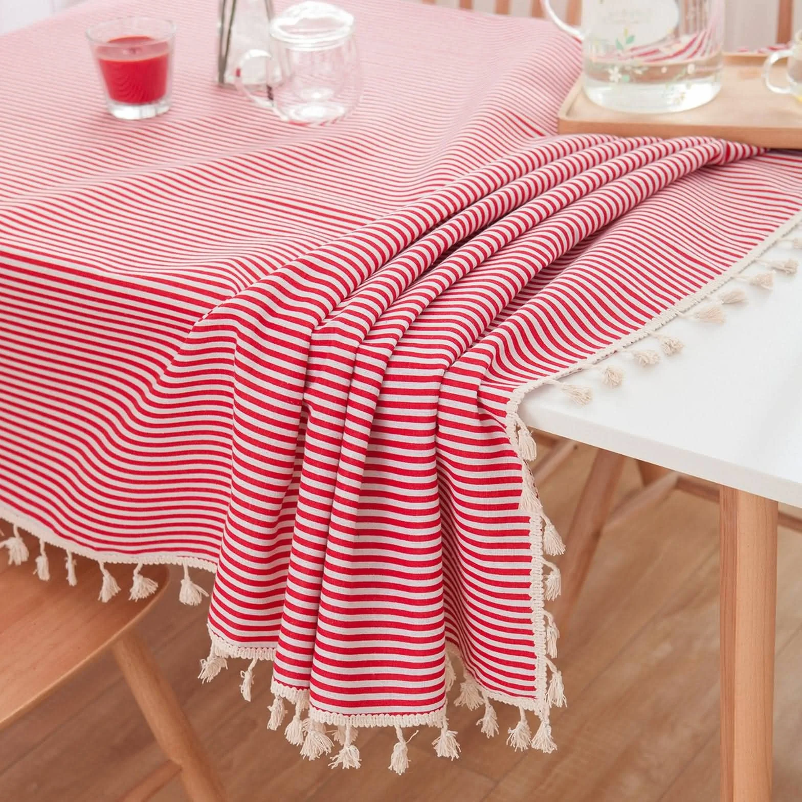 Mesa Centro - Repisa de leña a rayas con borla de macramé antimanchas, mantel y servilletas, camino de mesa elevable pequeño, algodón, decoración protectora, 140 x 160 cm, rojo y blanco