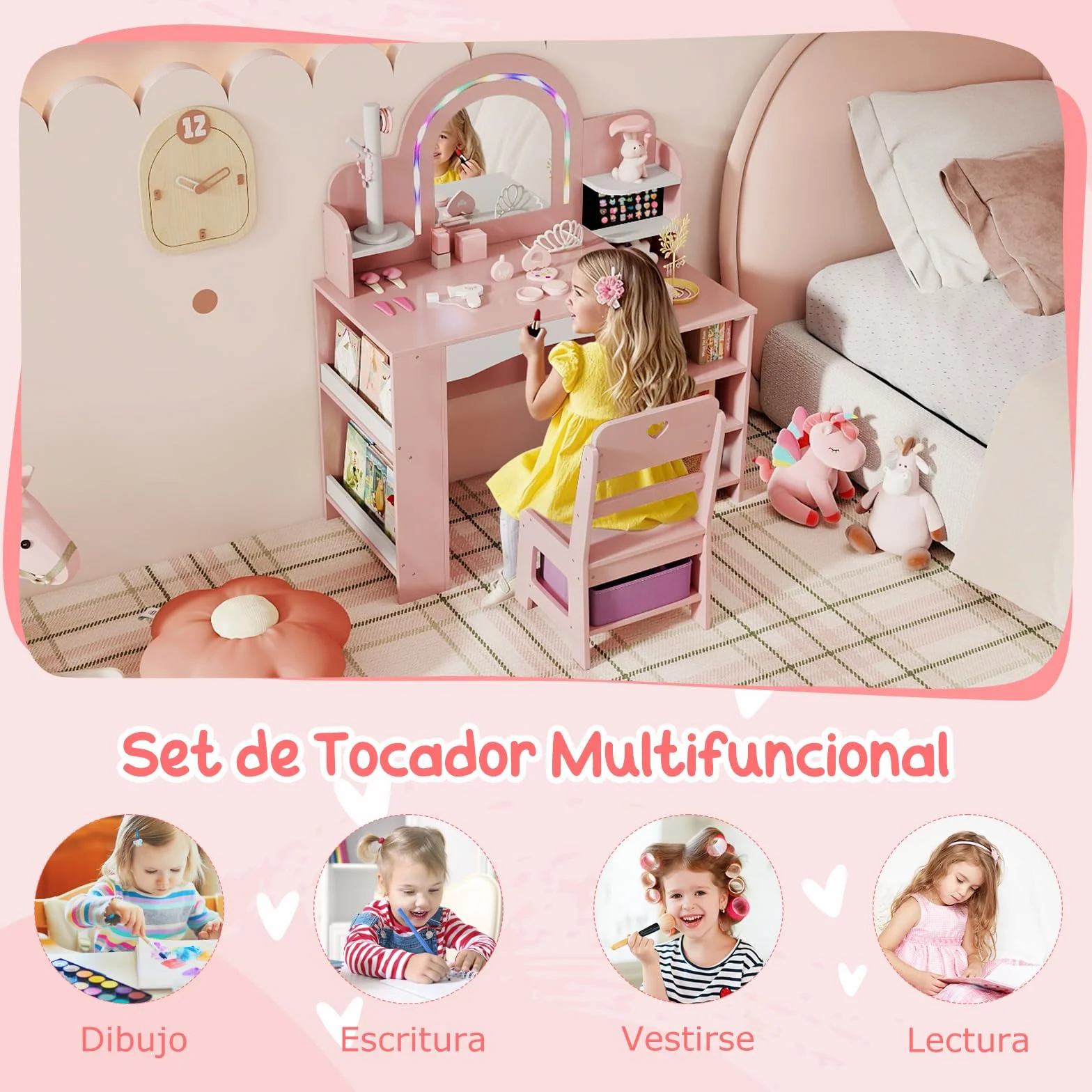 COSTWAY Tocador Niña con Espejo y Luces, Mesa de Maquillaje con Estantes y Caja de Tela, Rosa