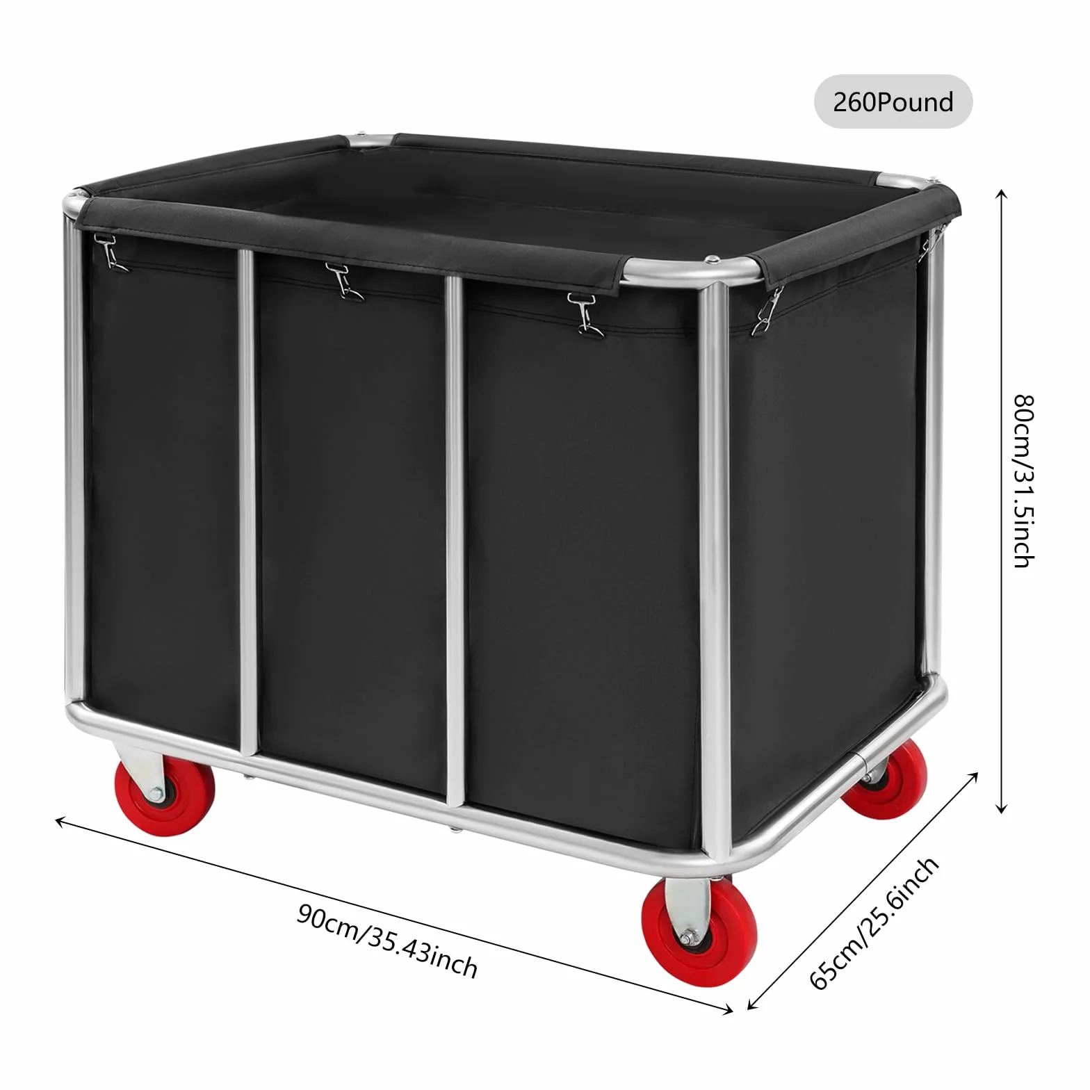 Carrito de lavandería grande de acero inoxidable con ruedas, capacidad de carga de 117,93 kg, cesta para la colada, para hoteles, apartamentos, almacenes y hospitales, 90 x 65 x 80 cm