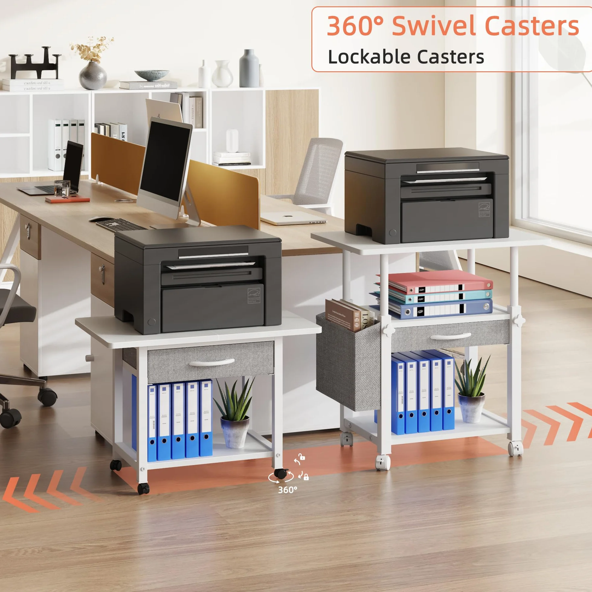 Mesa para Impresora con Ruedas 2 Niveles con Cajón, Estantería de Oficina Blanco