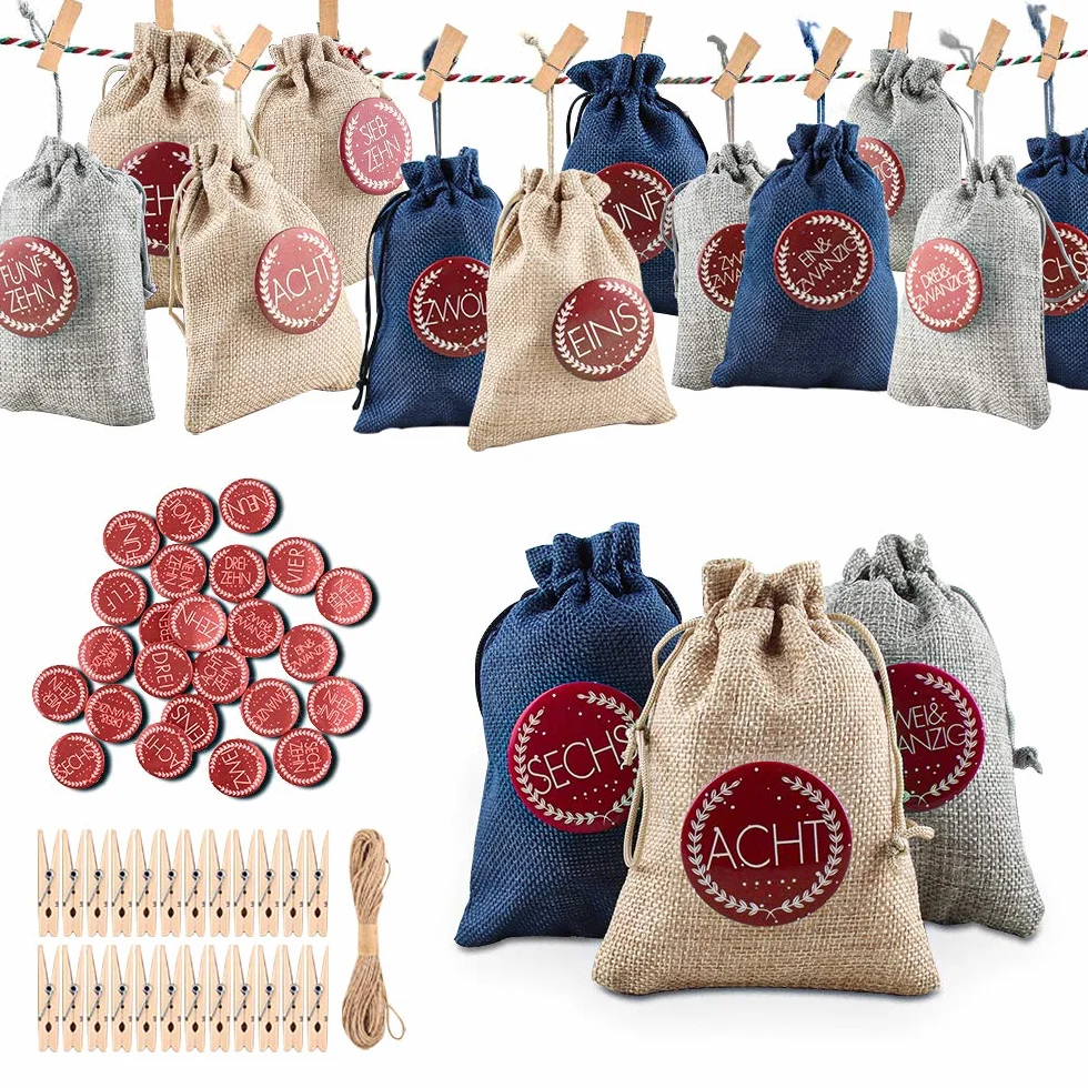 Calendario Adviento Saquitos, 24 Bolsas de Lino Calendario de Adviento, Bolsas de Dulces con 24 Insignias Digitales, Bolsas de Regalo de Bodas para Decorar el Calendario de Adviento en Casa (roja)