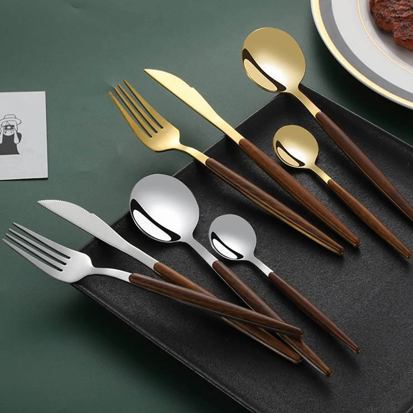Juego De Cubiertos, Cubiertos con Mango De Madera para 12 Personas, Juego De Cubiertos con Paquete De Regalo, Diseño Pulido De Espejo, para Cocina Y Restaurante Apto para Lavavajillas,A (A)