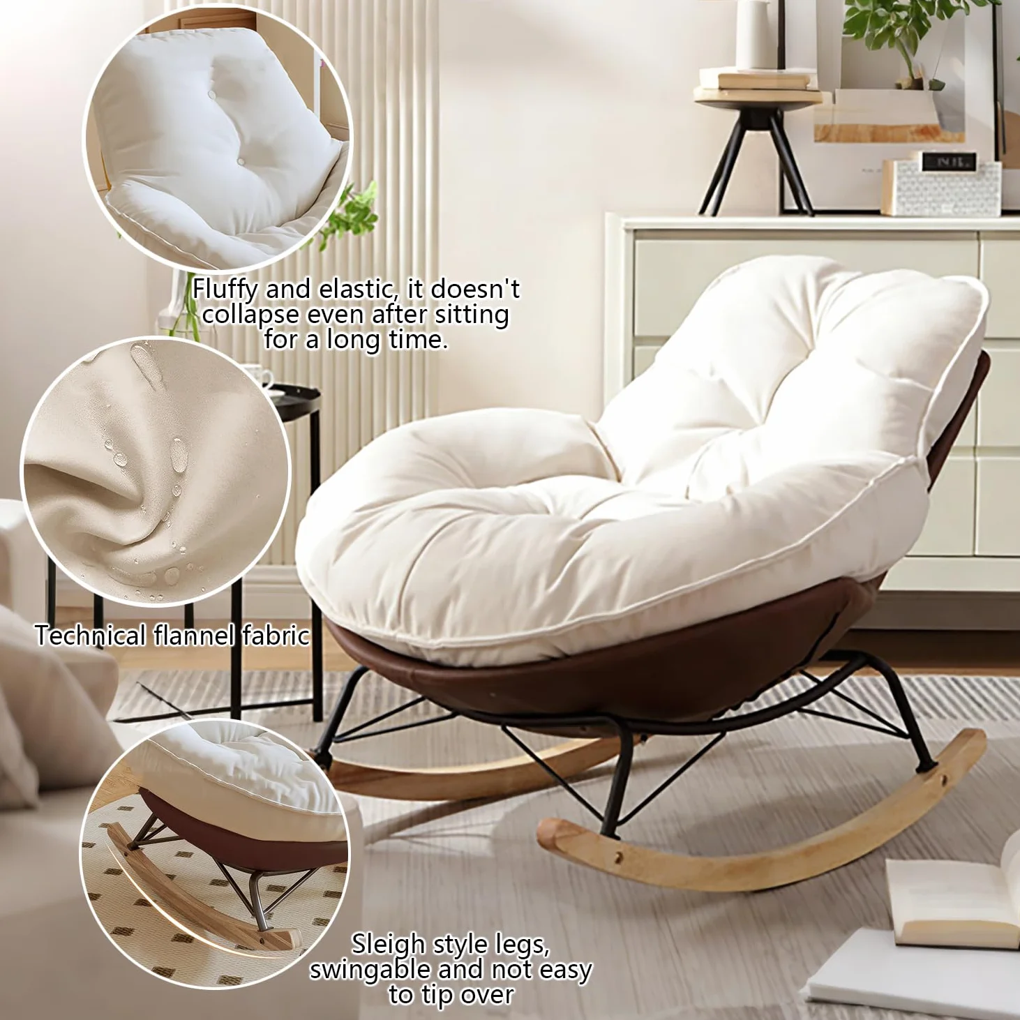 Mecedora, sillón balancín ergonómico, cojín extra grueso y respaldo, sillón moderno para salón y dormitorio, base de madera estable y marco de metal, resistente a las caídas