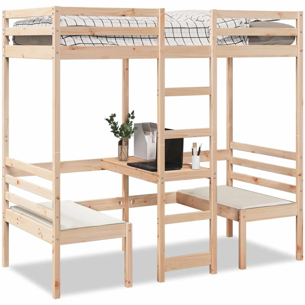 Cama alta con escritorio y sillas, 75 x 190 cm, madera maciza de pino, resistente estructura de cama para niños y jóvenes, mueble de dormitorio que ahorra espacio