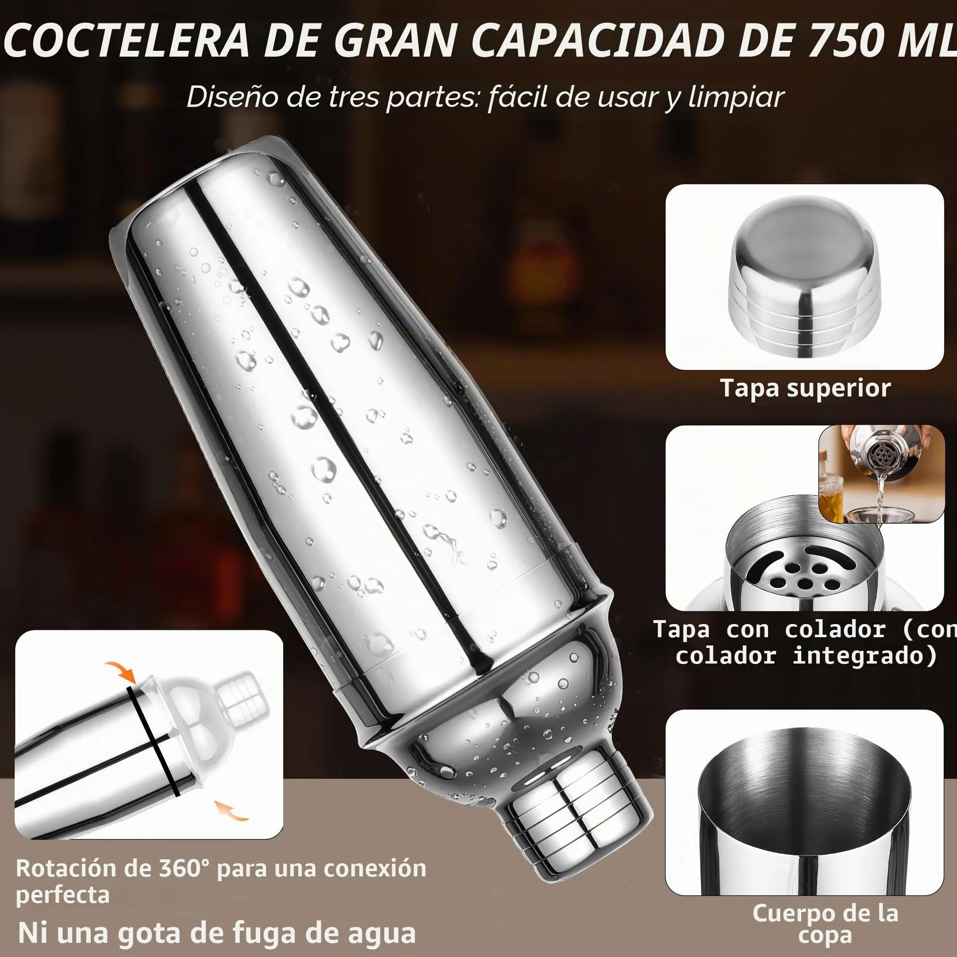 19 Piezas Coctelera, 750 Ml Coctelera Profesional de Acero Inoxidable Soporte Madera y Libro de Recetas De CóCteles, Cocktail Shaker, Regalo para Hombres y Mujeres (Bar en Casa, Fiesta, Boda)