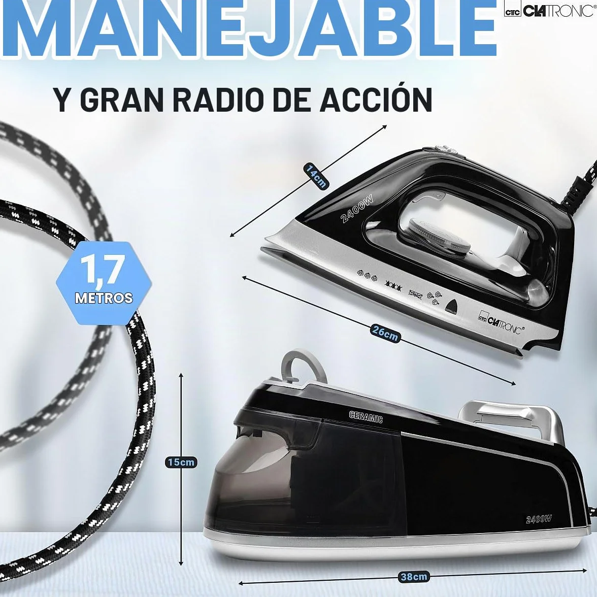 Centro de planchado a vapor Clatronic con plancha de vapor | 3,5 bar | plancha de vapor con suela Superglide y depósito de agua de 1,2L | 80 min. de autonomía | 2400W | con sistema antigoteo |DBS 3749