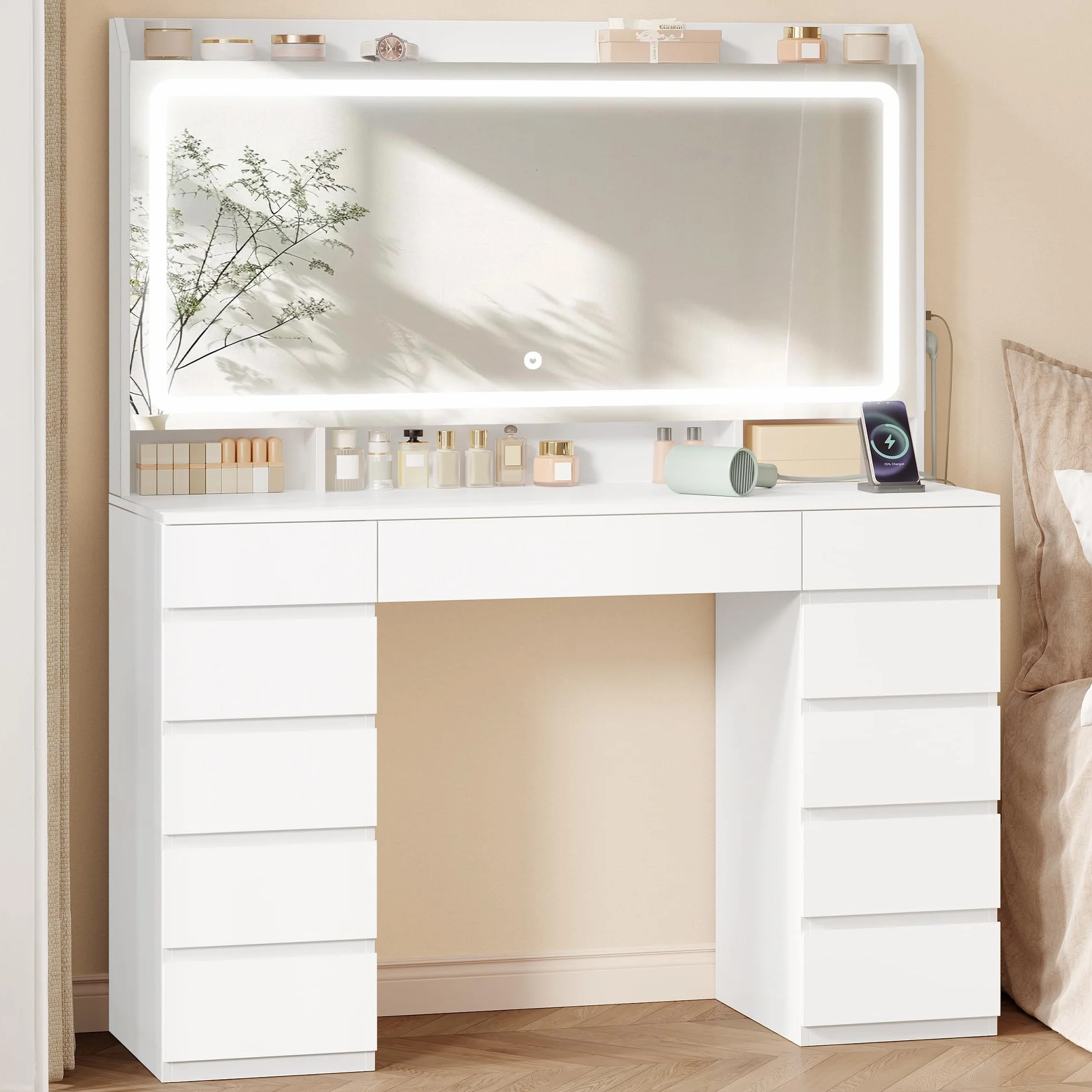 Hzuaneri 108 cm Tocador de Maquillaje, Tocador con Espejo HD Grande, Luces LED Regulables y Enchufes, 11 Cajones, 3 Compartimentos de Almacenamiento y 1 Estante Superior, Blanco DT43003XEU