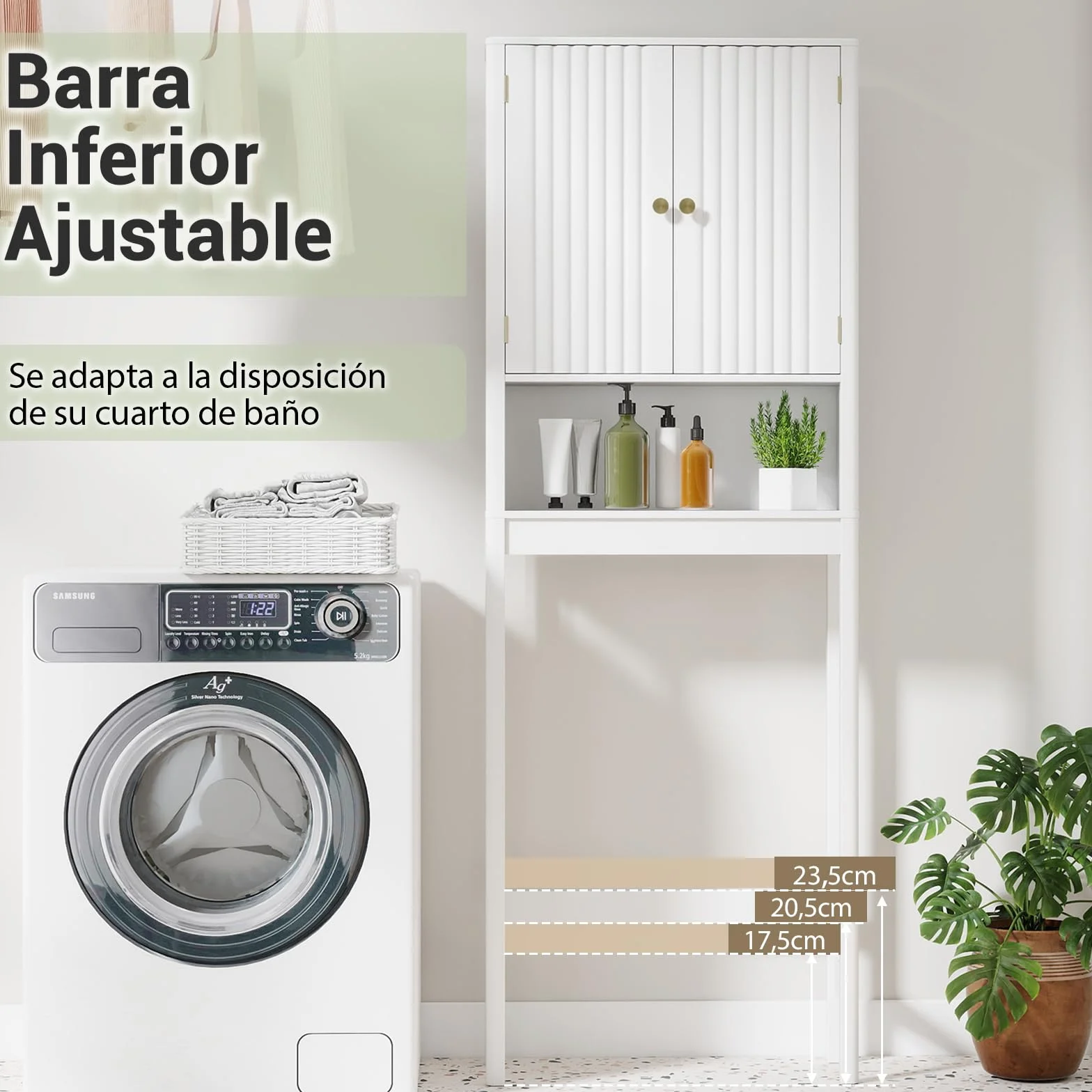GIANTEX Mueble Organizador sobre Inodoro, Armario de Pie con 2 Puertas y 1 Compartimento Abierto, Estante Inferior Ajustable, 60 x 23 x 168 cm, Estantería Alta para Baño, Lavadero (Blanco)