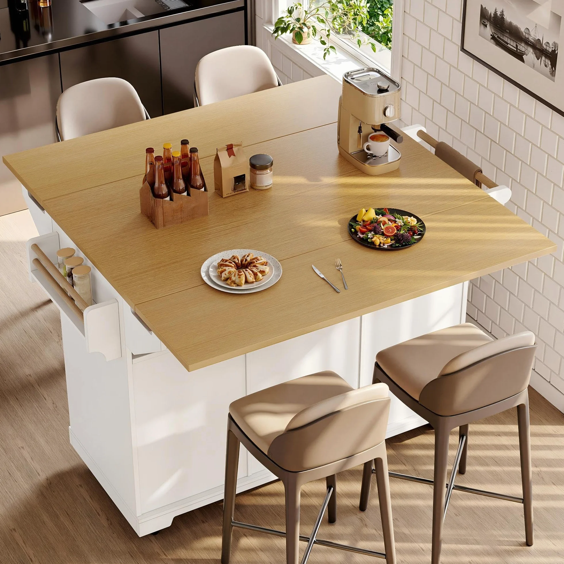 LAKFEW Isla de Cocina Moderna, Isla Cocina con Ruedas y Tableros Plegables en Ambos Lados, Mueble Auxiliar Muebles Cocina con 3 Cajones y 2 Puertas, Ilha de Cozinha, 142.5x40(80) x95 cm, Blanco