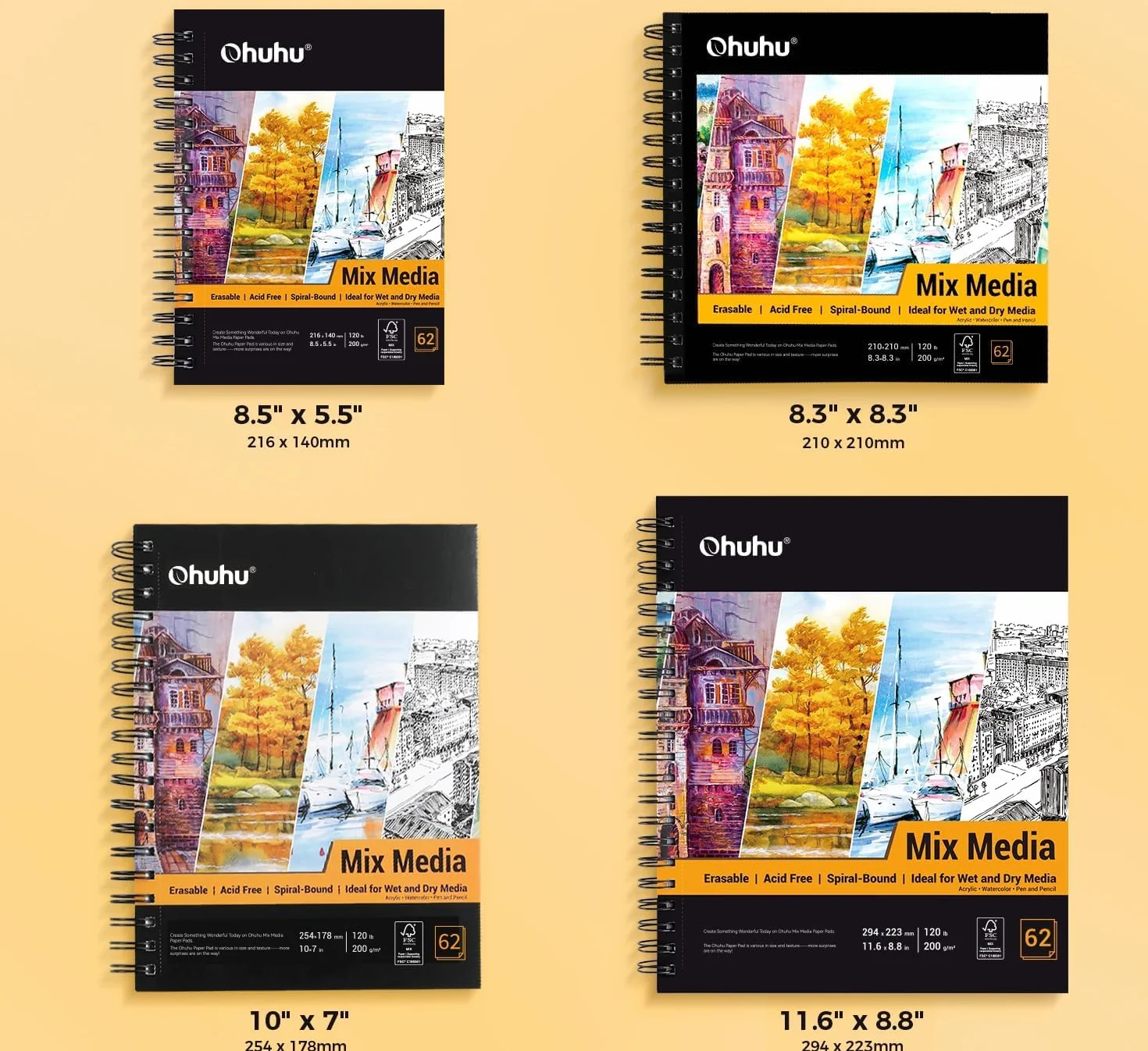 Ohuhu Cuaderno de Dibujo 200g/m² Tapa Dura Encuadernado en Espiral 225mm x 210mm 124 páginas