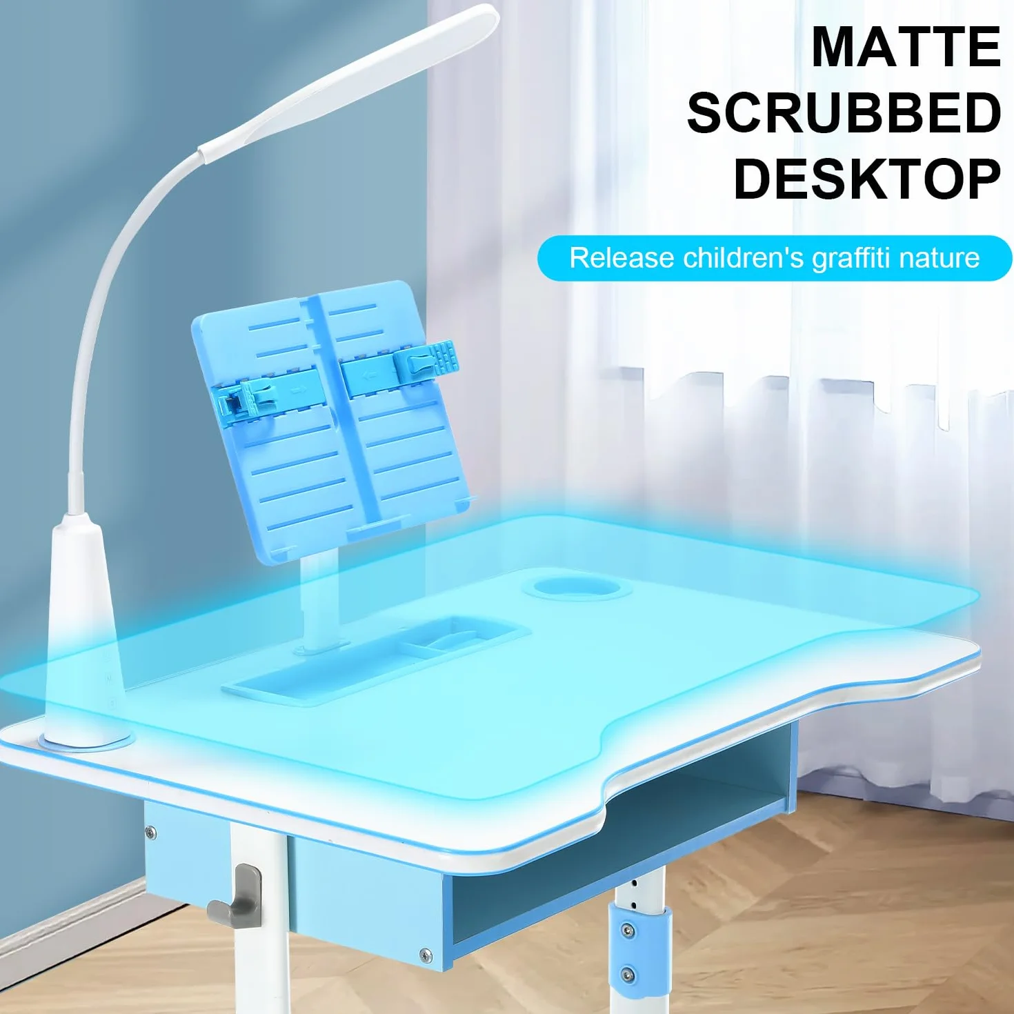 Mesa y Silla Infantil Regulables en Altura, Escritorio con Cajón, Lámpara LED, Silla Ergonómica, para Estudio desde 6 años