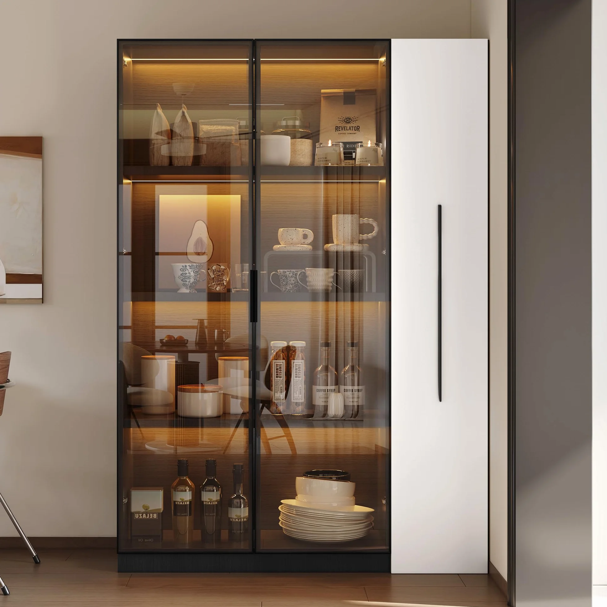 Armario multifunción 110,5 × 35 × 160 cm – Vitrina con Puerta de Cristal y LED, Puerta Lateral, Armario con Ruedas, Color Blanco y Negro, Armario Alto, estantería, baño, Comedor