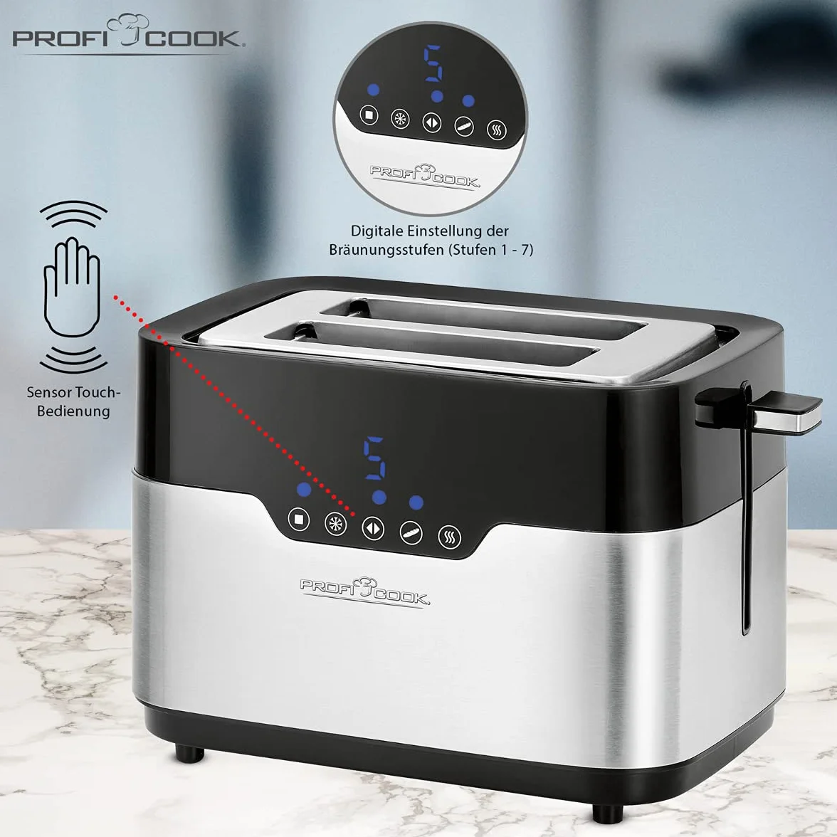 ProfiCook PC-TA 1170 Tostadora de 2 discos, Sensor Touch, Soporte para panecillos, Cajón para migas, Función de centrado, Almacenamiento compacto, 7 niveles de bronceado, Negro