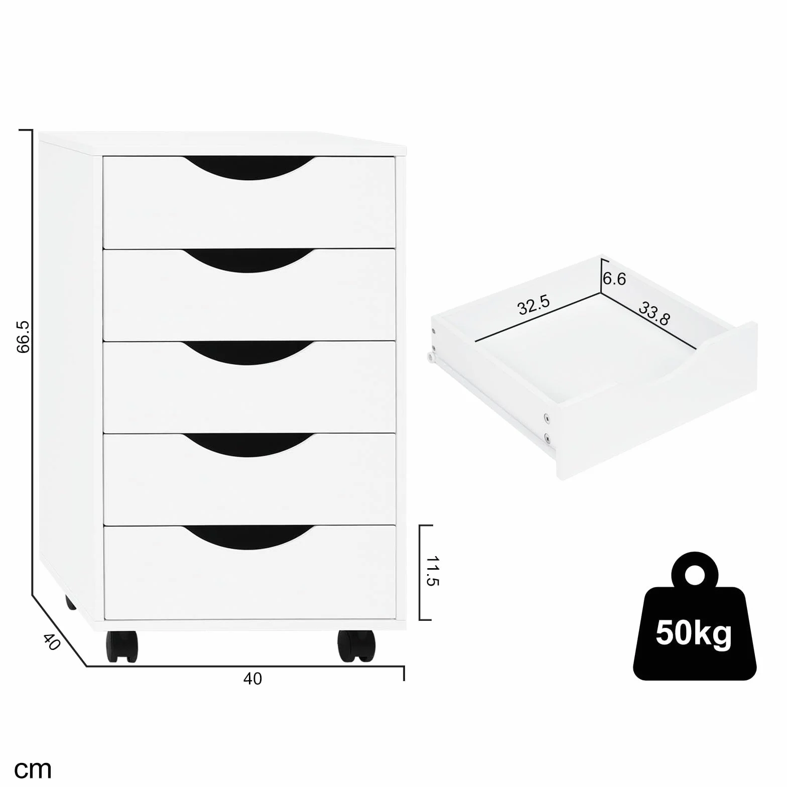 WOLTU Cajonera de Escritorio con 5 Cajones, Armario Archivador con Ruedas, Cajonera Rodante para Despacho, Cómoda Móvil, Mueble Archivador Oficina y Estudio, Blanco, 40x40x66,5 cm, ASK14ws
