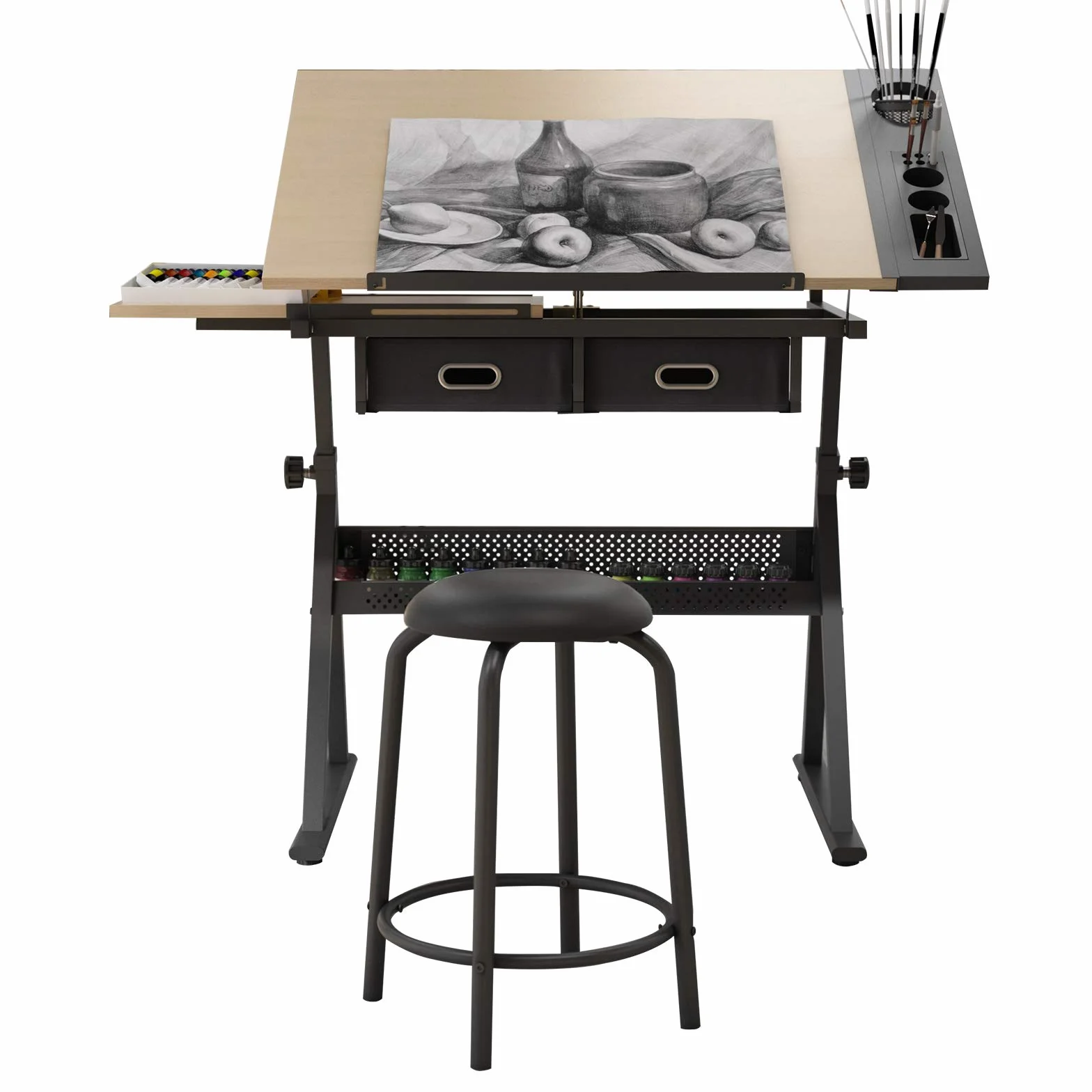Soges Mesa de Dibujo Ajustable y Pintura - Estación de Artesanía Con Tablero Inclinable y Taburete S1-CZKLD-026