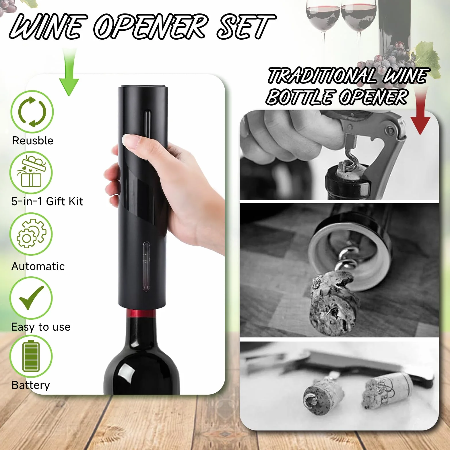 Sacacorchos Eléctrico 7 en 1 Abridor de Vino con Abrebotellas y Cortador de Láminas