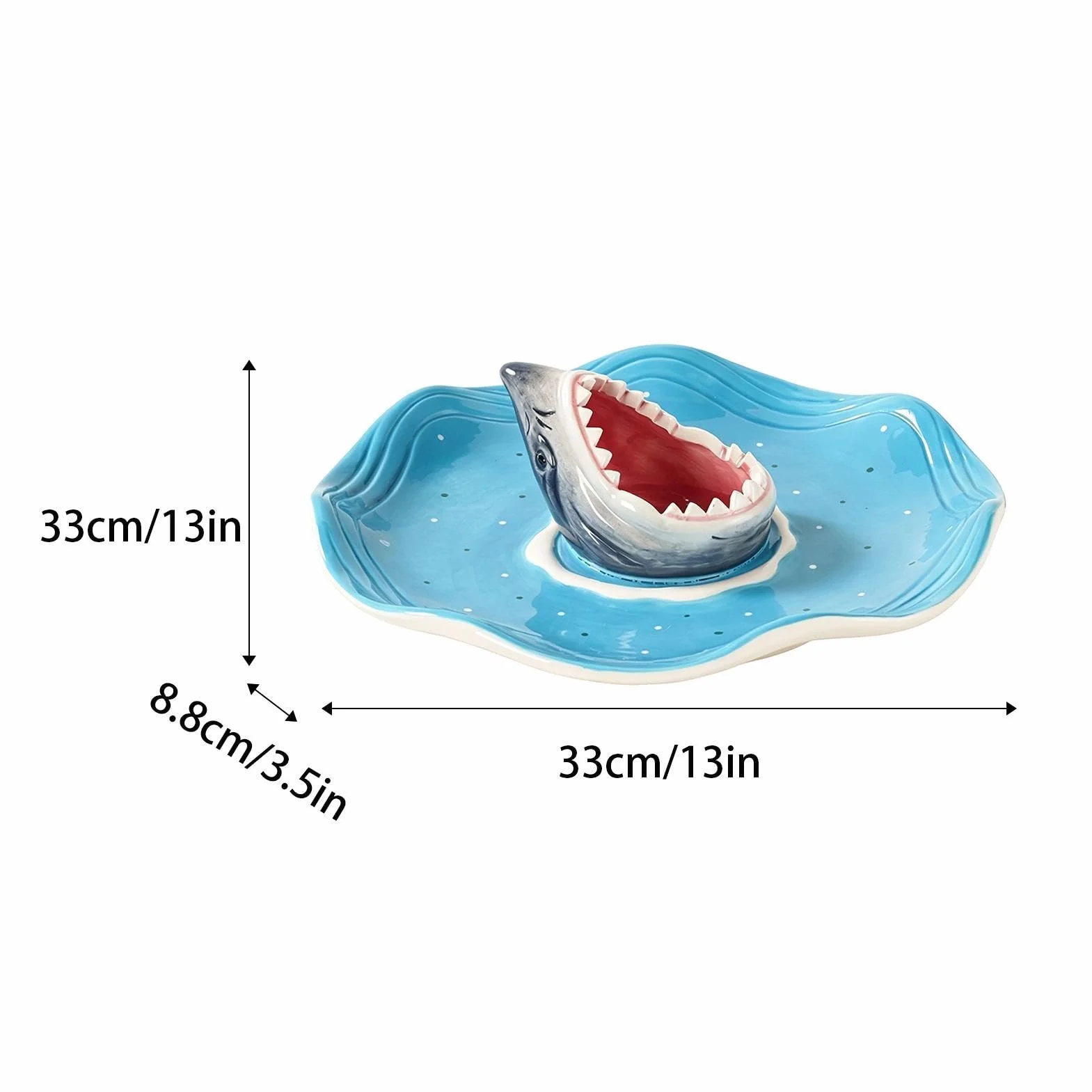 Fuente de Tiburón para Servir Plato de Cerámica Pintado a Mano para | Plato de Condimentos Temático del Océano para charcutería tacos cheeseburger mariscos camarón sardina snack palomitas