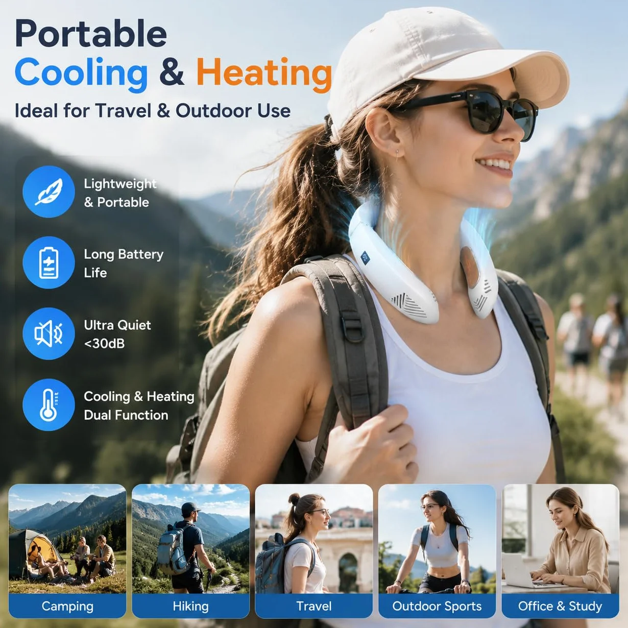 Ventilador de cuello portátil, aire acondicionado portátil con modos de refrigeración y calefacción, recargable de 3500 mAh, dispositivo de refrigeración personal sin cuchillas