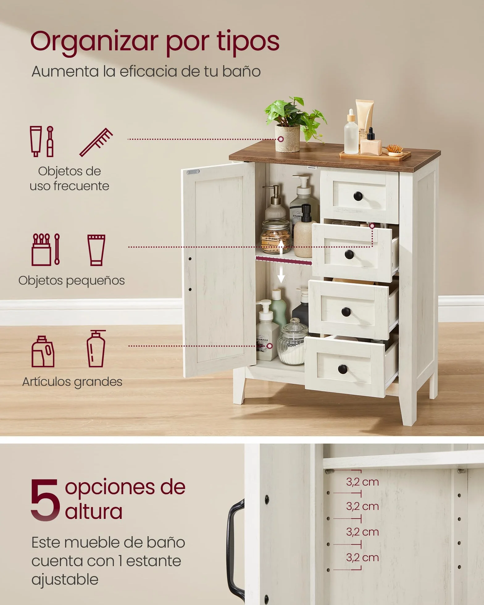 VASAGLE LIRY Colección - Armario de Almacenamiento, Mueble de Baño Estilo Campo con 4 Cajones, Organizador Independiente, Puerta de Granero, Estante Ajustable, Blanco Rústico BBK753W01