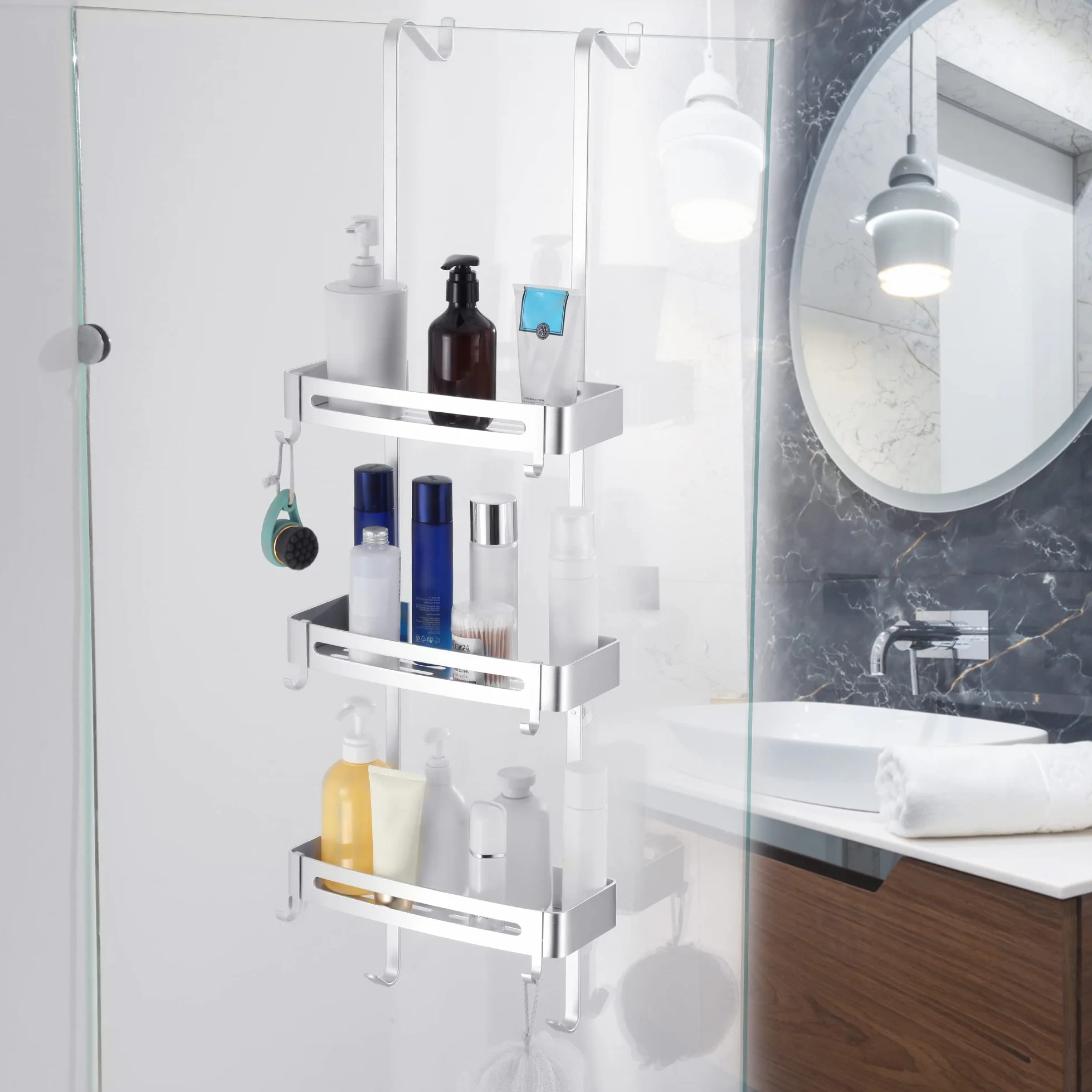 Organizador de ducha para baño, organizador de ducha para colgar sobre la puerta, estante de ducha de aluminio a prueba de óxido, estante de cesta con gancho(Plateado)