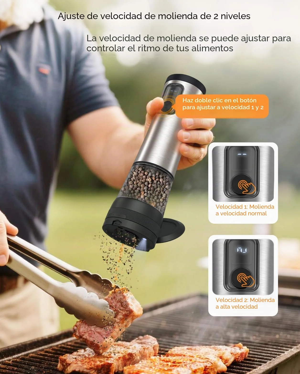 AMOSA Juego de Molinillo Pimienta Electrico de Sal, con 5 Tamaños de Grano & 2 Velocidades Ajustables, Base Recargable con Pantalla de Batería, Saleros de Cocina Automática acero Inoxidable con LED