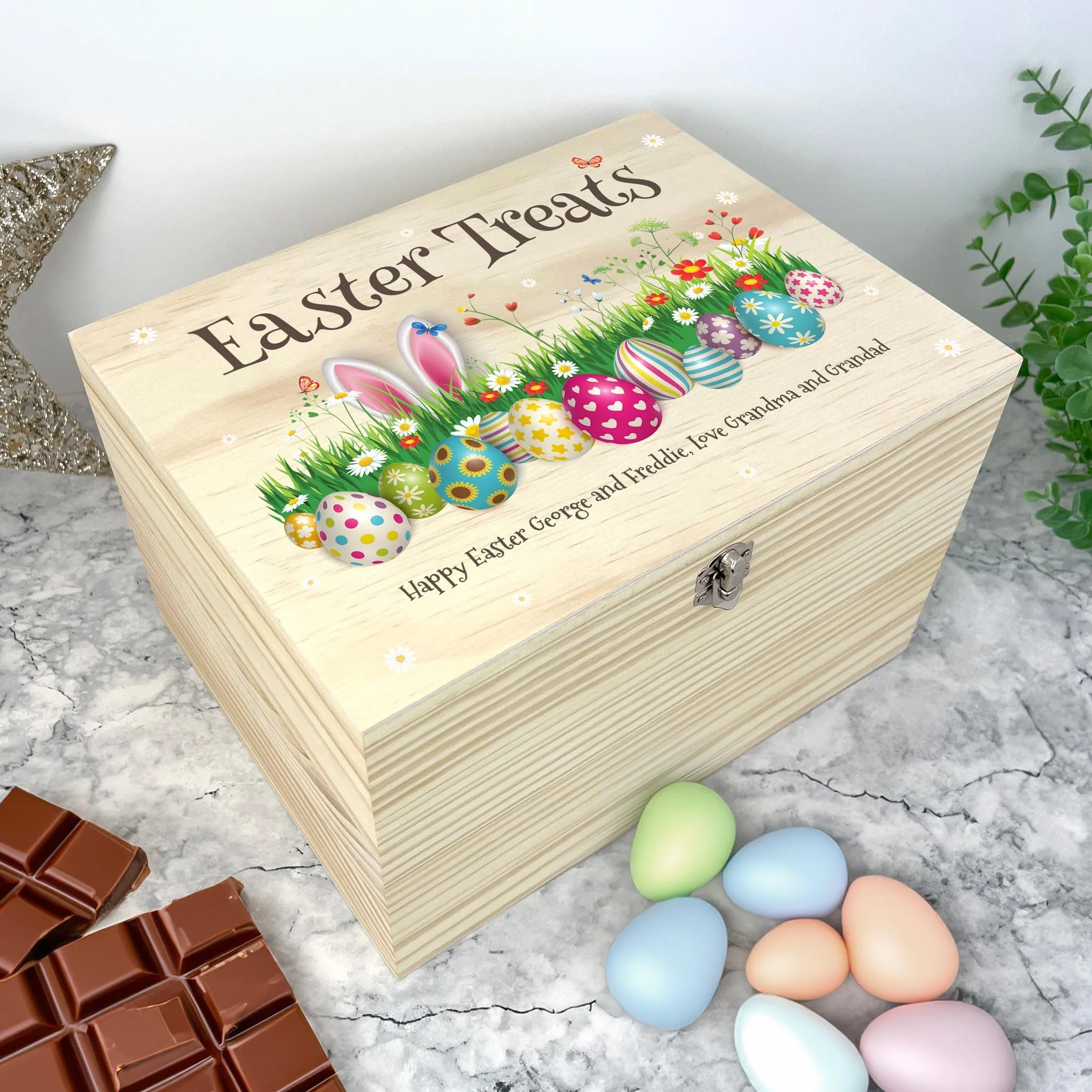 Caja de cesta de madera de Pascua colorida personalizable, nombre personalizado, regalo de Pascua, cesta de Pascua, golosinas de Pascua, Pascua para niños, Pascua familiar, decoración de Pascua, caza