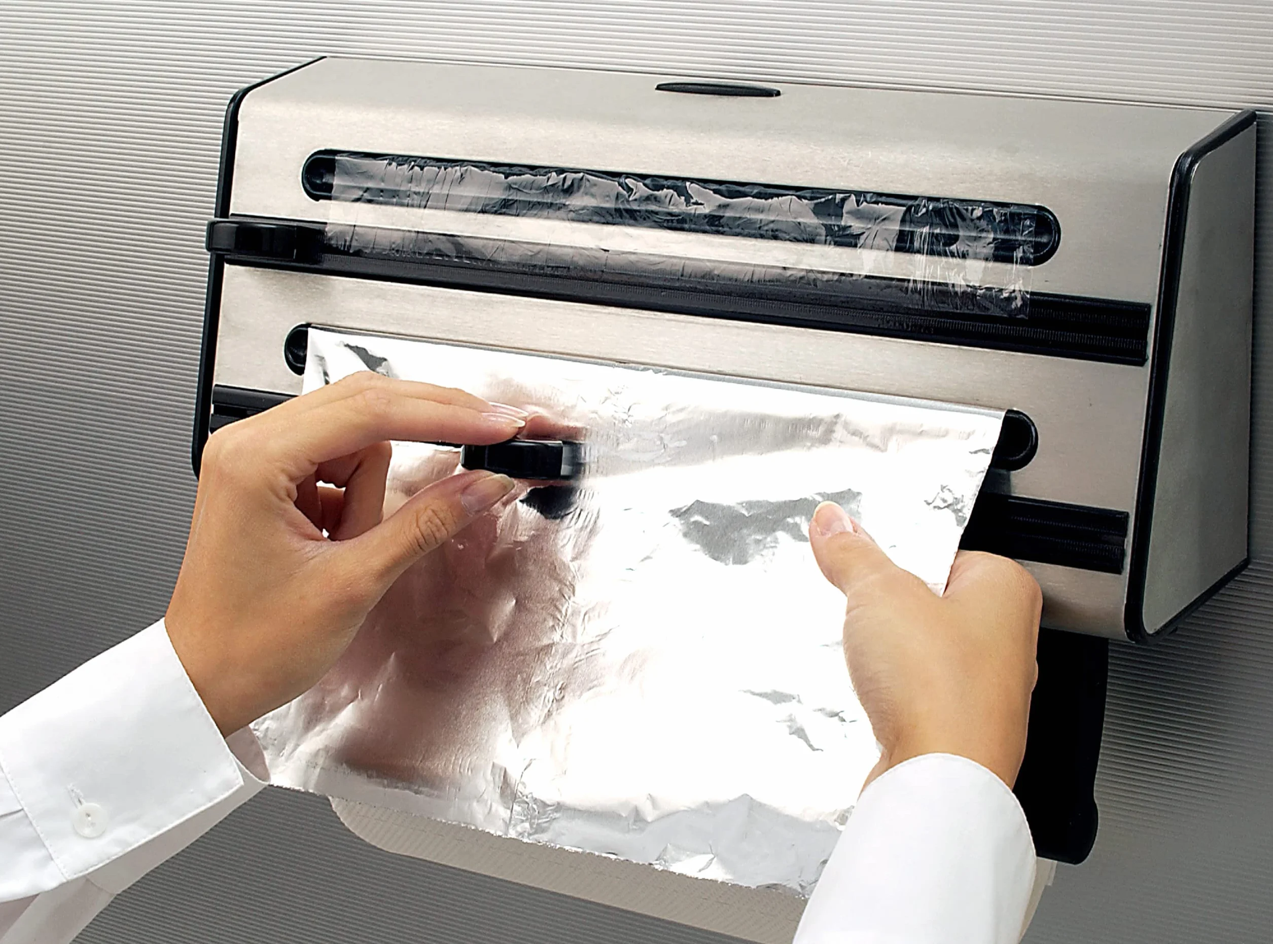 Emsa Contura Portarollos de cocina triple, corta papel de alumino, envoltura de plástico, papel de sandwich, corte en dos dimensiones, fácil de manipular, 40.89 x 27.94 x 10.92 cm