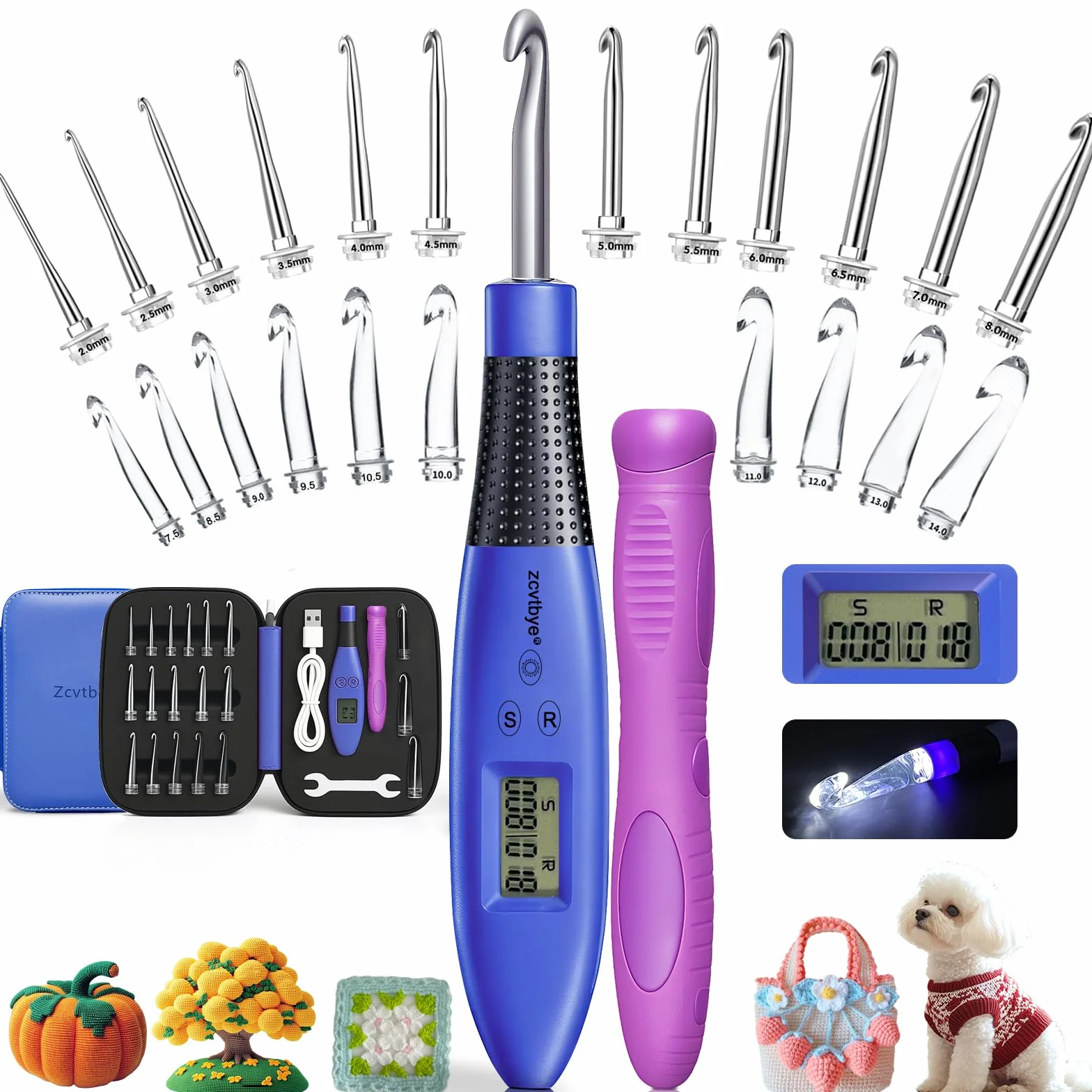Zcvtbye Juego de 22 ganchos de ganchillo iluminados para contador de puntadas y filas, kit de agujas de ganchillo iluminadas con estuche (azul, 22 tamaños)