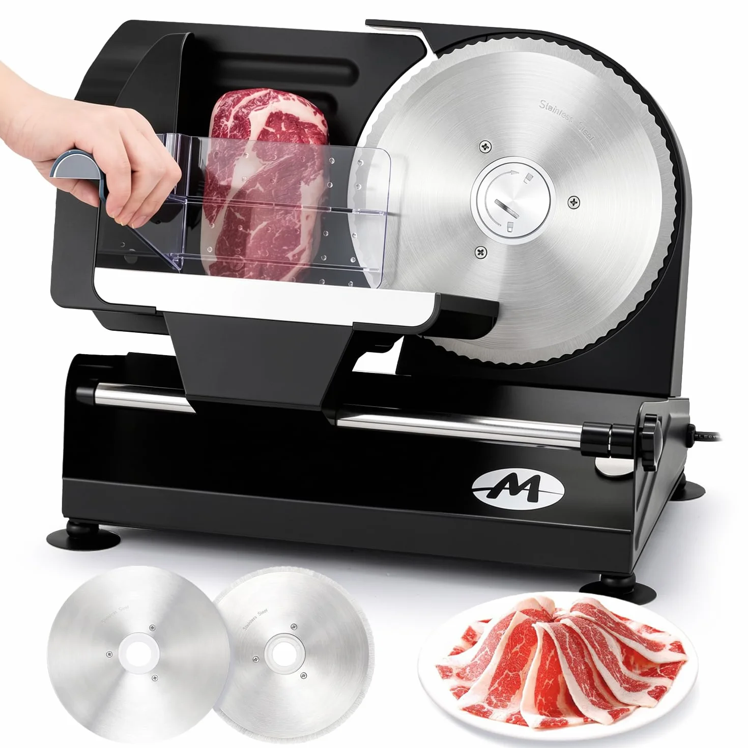 Moongiantgo Cortadora de Fiambre Casa Cortafiambres Eléctrico Profesional con 2x Cuchilla de Acero Inox Extraíble, Ø185mm, Regulador de Grosor 1-20mm, para Pan/Corte Jamon/Carne/Queso/Embutido (220W)