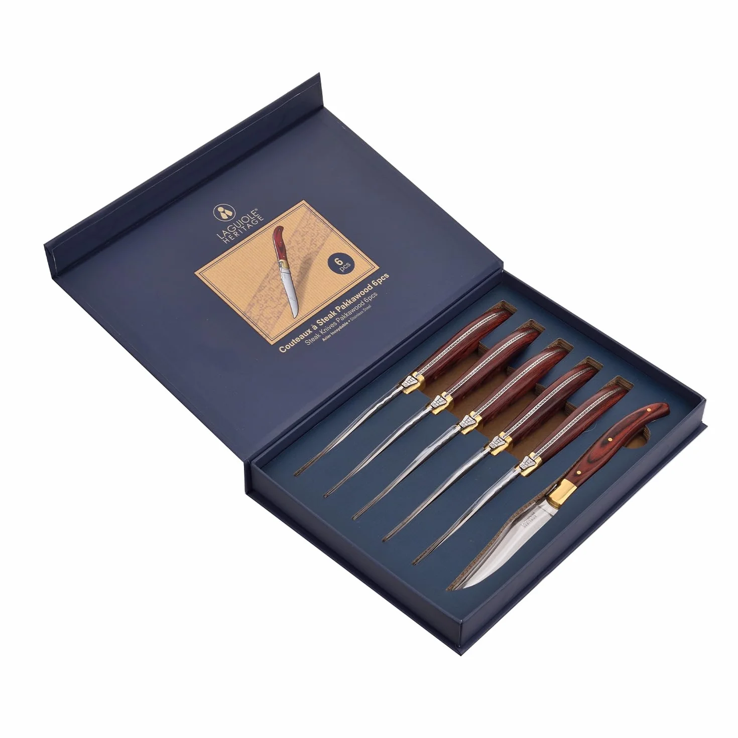 Juego de cuchillo Laguiole Heritage - 6 piezas - cuchillos para carne con mango de madera fina de Pekka - acero inoxidable - juego de en estuche